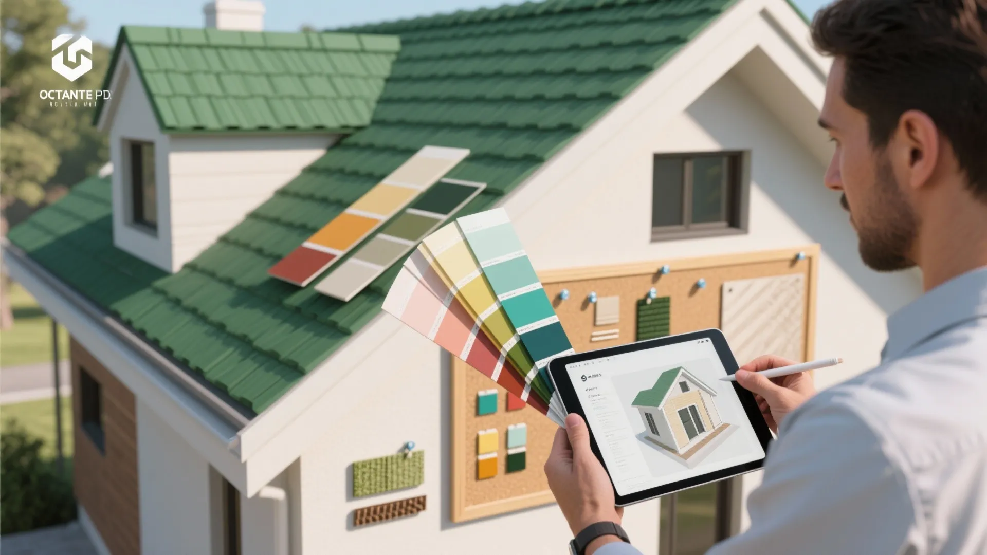 Man holding color swatches and tablet showing interior design drawing of a small green house
