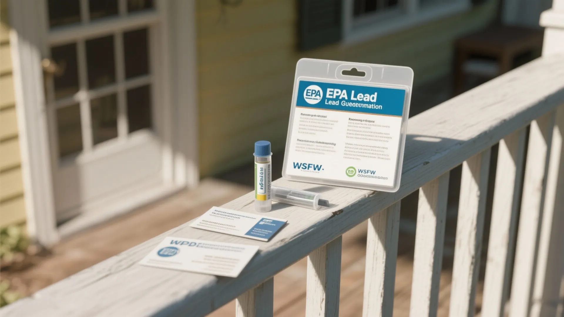 Close-up of lead paint test kit and EPA guidance pamphlet on a porch, illustrating safety and regulations