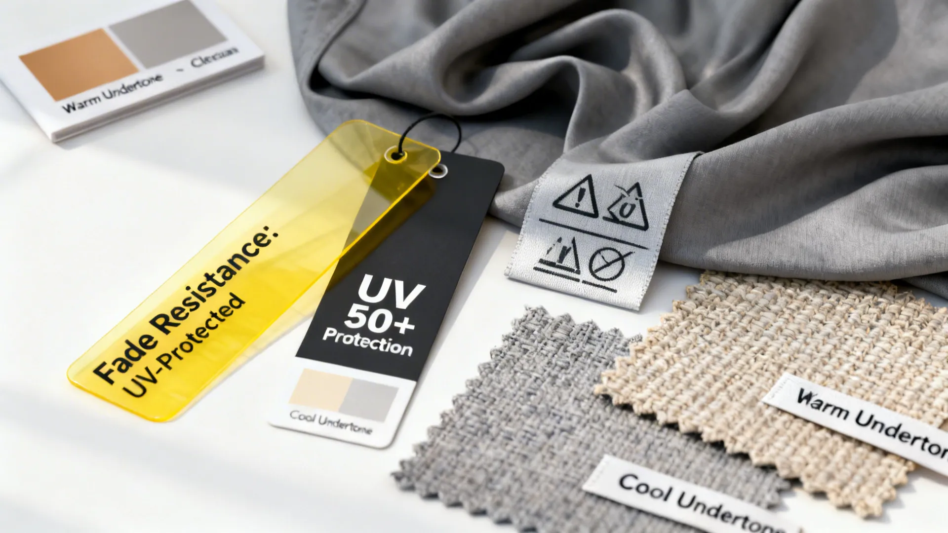 Fabric swatches with care tags and undertone sample cards illustrating fade resistance and cleaning notes.