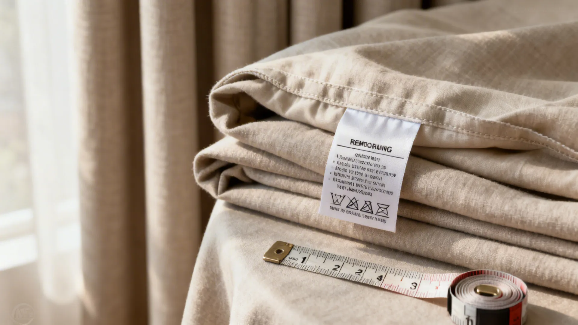 Folded beige fabric with a white care label sitting next to a rolled measuring tape