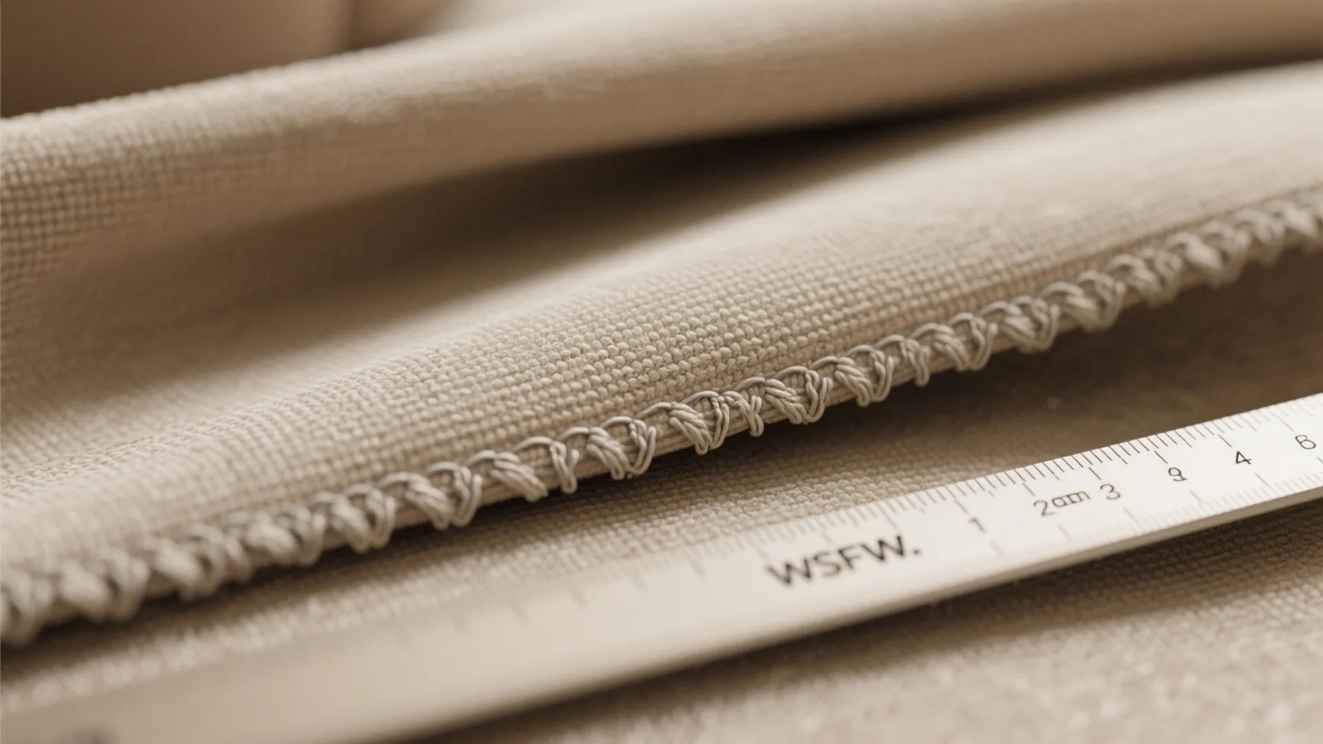 Close up of beige fabric material with measuring tape showing detail of texture and woven