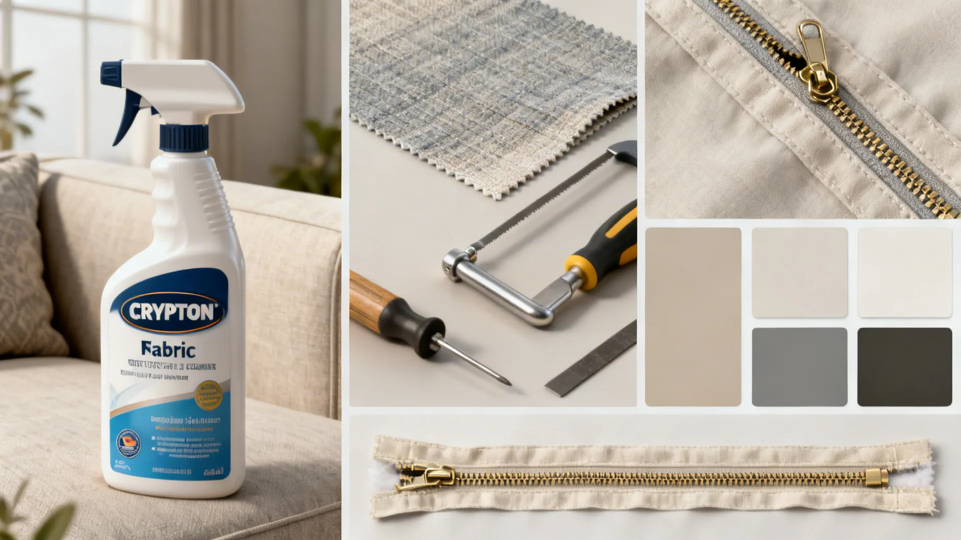 Collage of fabric care items and samples illustrating FAQ topics about upholstery fabrics.