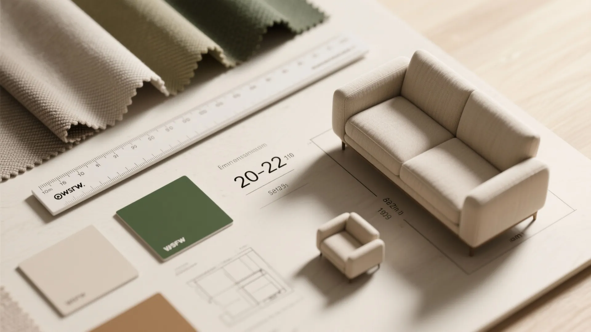 Interior design drawing with fabric swatches and small sofa model on a white wooden table