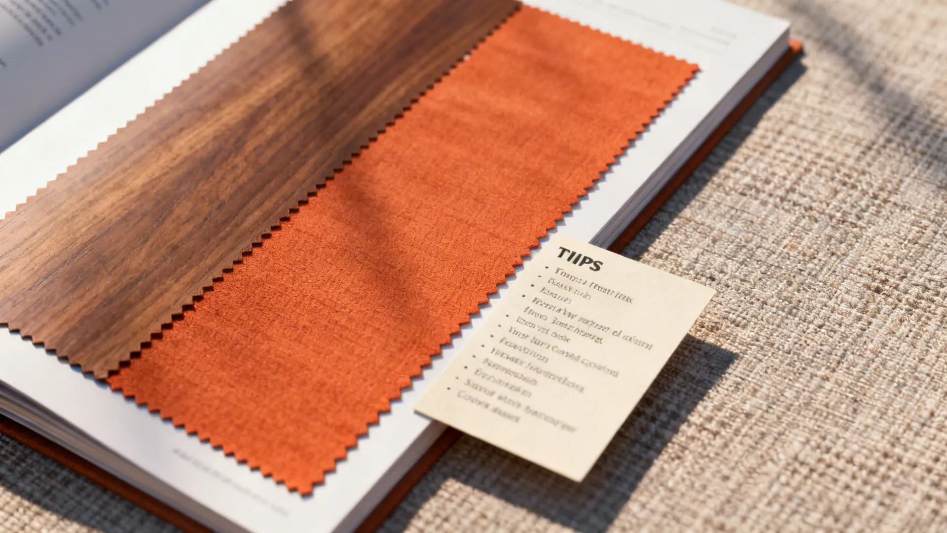Fabric sample book showing walnut and terracotta orange swatches next to a tips card.