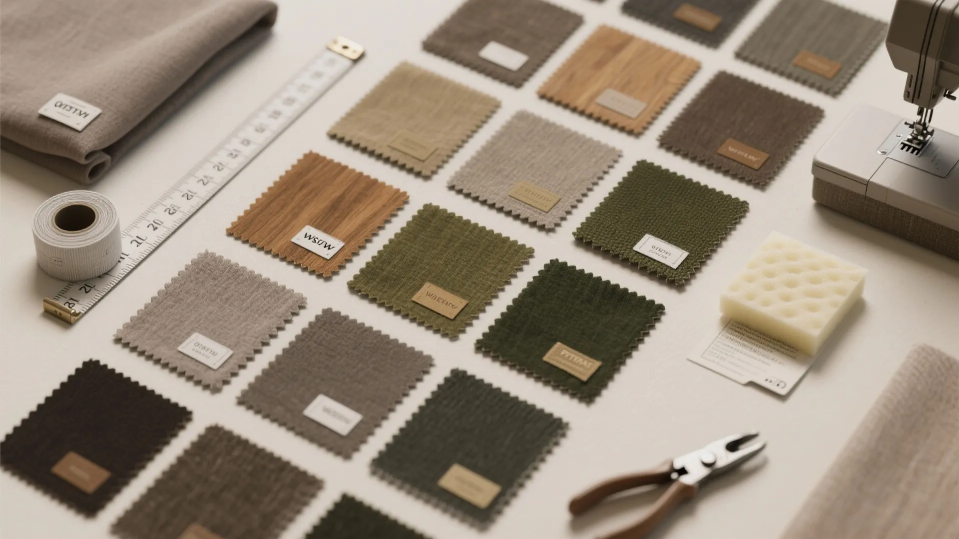 Collection of various colorful fabric swatches with measuring tape and tools on a white table