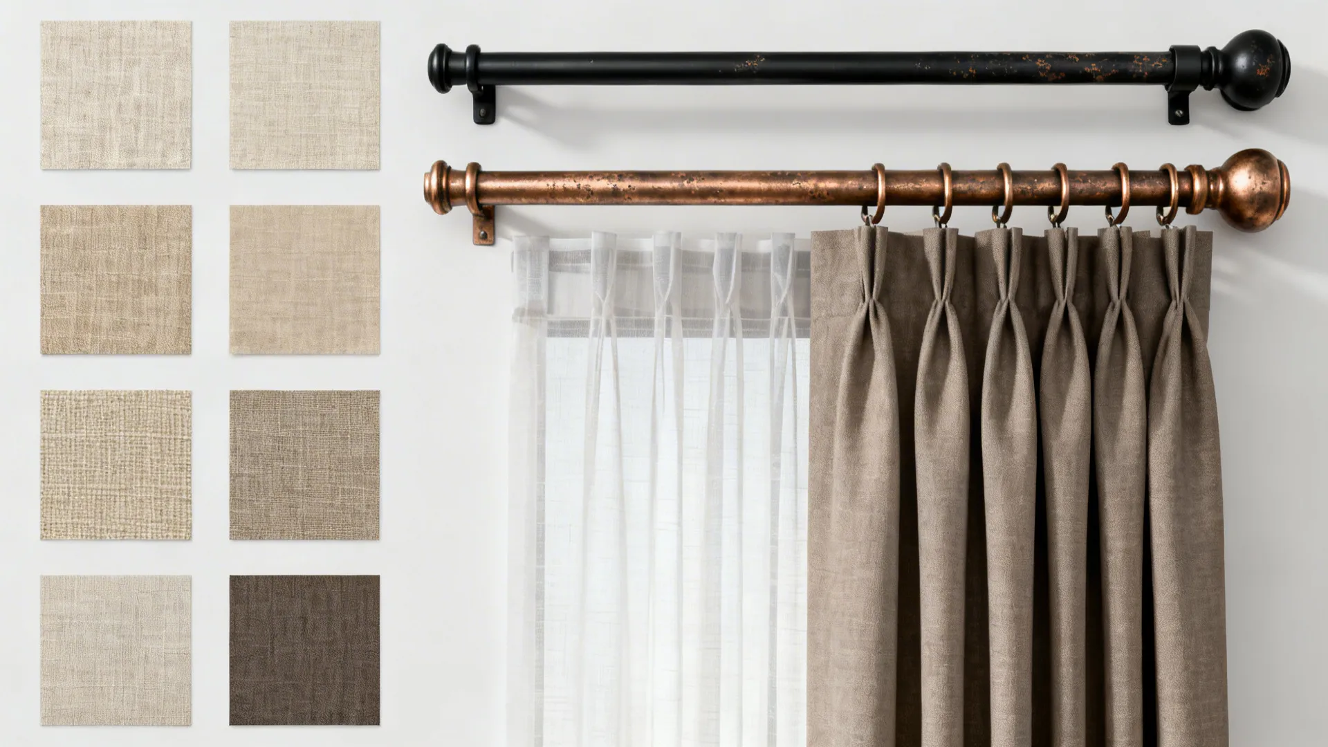 Collage of curtain fabric swatches and hardware finishes for farmhouse window treatments
