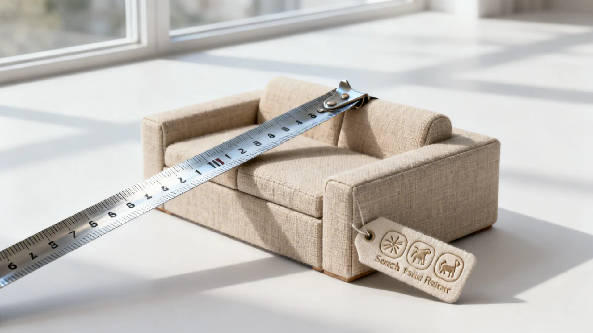 Measurement tape, modular sofa sample, and fabric tag illustrating sizing and pet-friendly fabric choices.