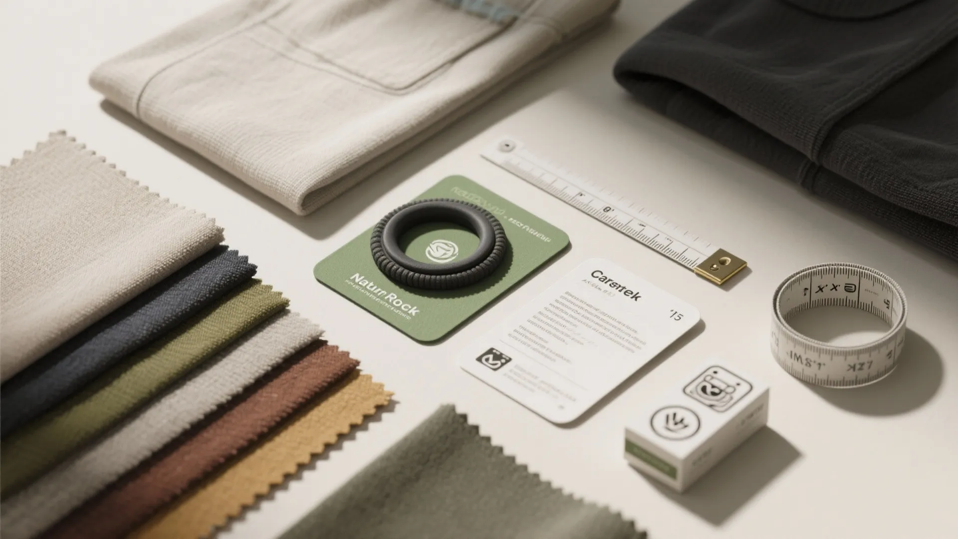 Assorted colorful fabric swatches laid out on table with measuring tape and small product cards