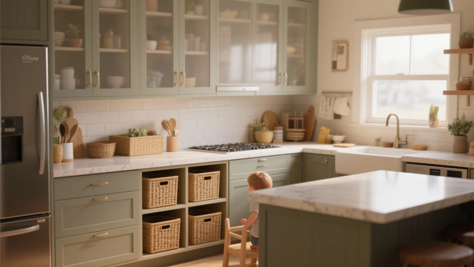 Family kitchen featuring green cabinets, woven storage baskets, marble island, and toddler on wood stool