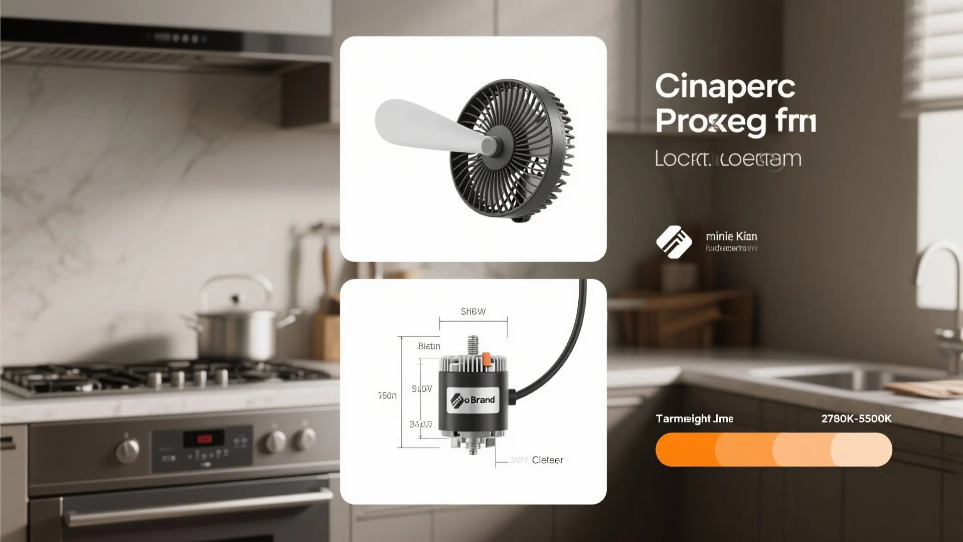 Diagram collage showing fan blade sizes, clearances, and light temperature swatches for small kitchens