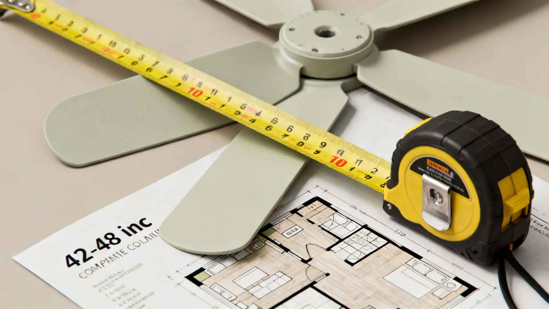 Measuring tape and fan blade sample beside a small room plan for fan sizing