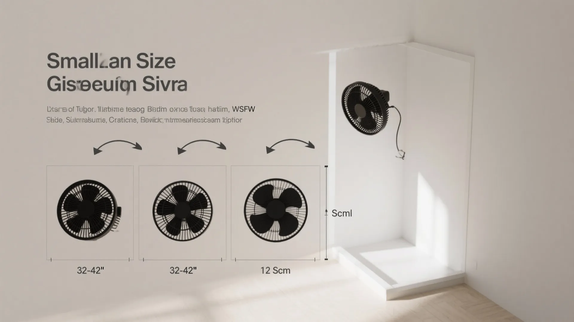 Top-down guide with scaled room blocks and 32–42 inch fan silhouettes for small spaces.