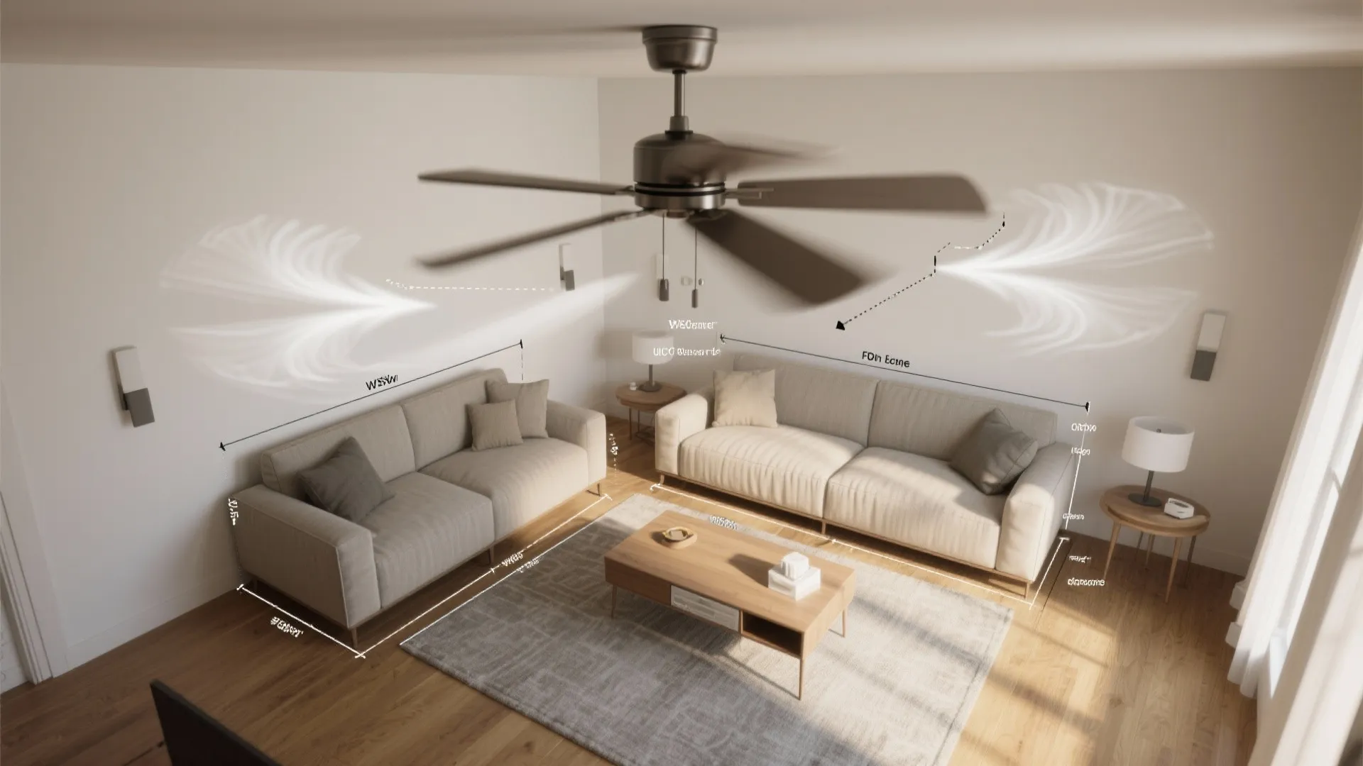 Top-down living room visual highlighting fan sizing, blade clearance, seasonal blade direction, and airflow patterns without text.