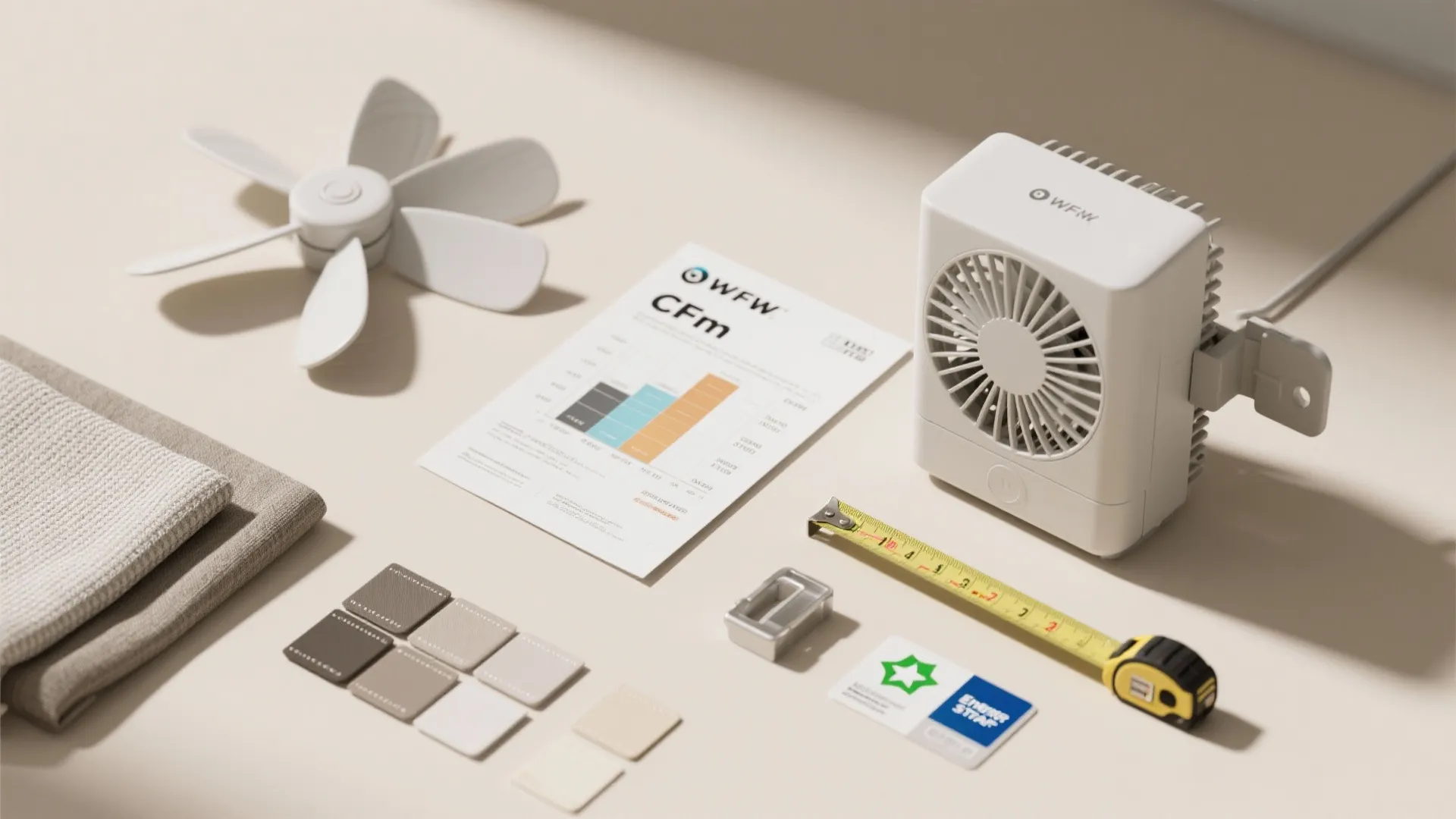 Table top with small white electric fan paper documents yellow measuring tape and color fabric samples