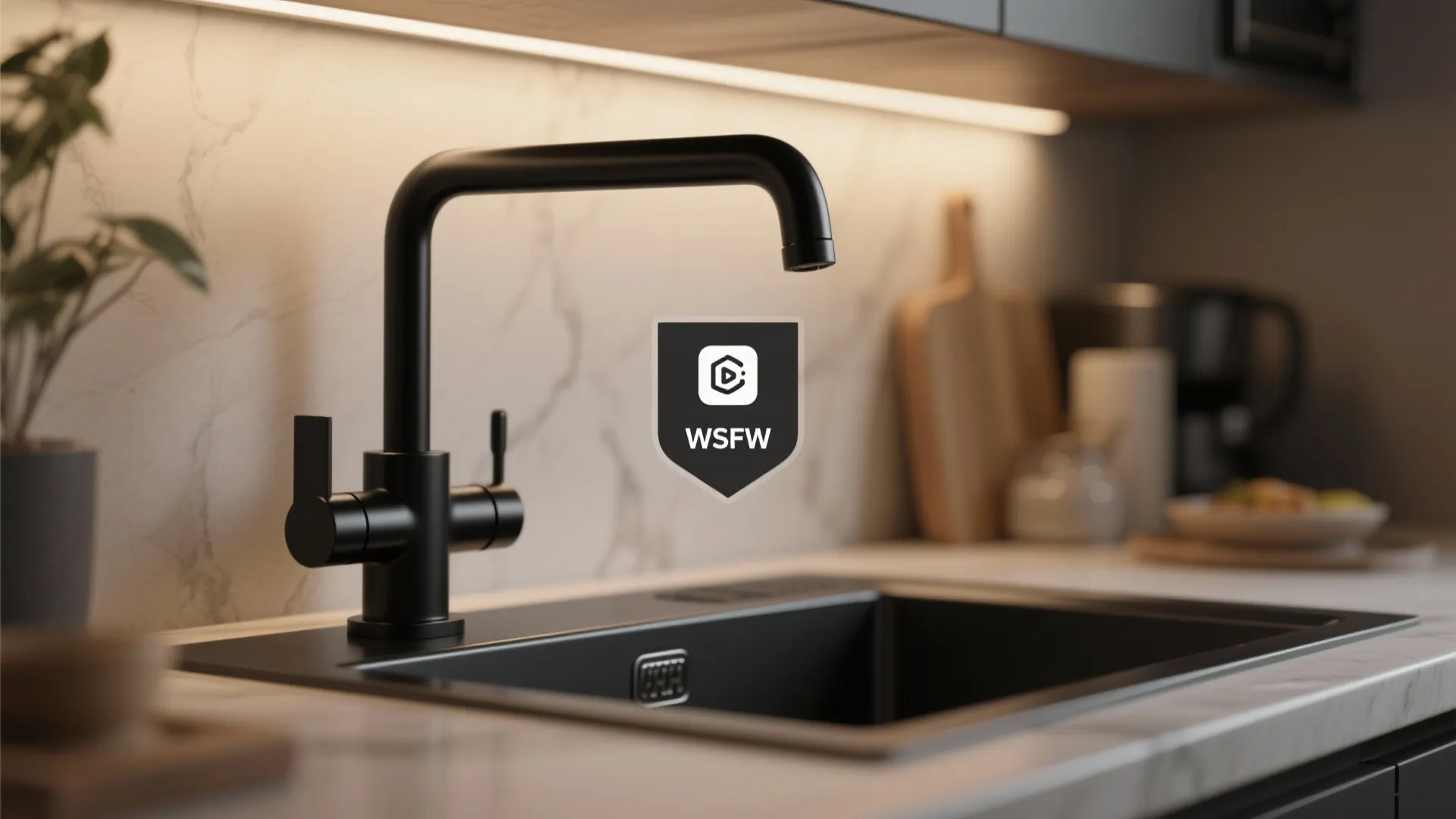 Matte black kitchen faucet installed on a dark sink against a white marble wall background