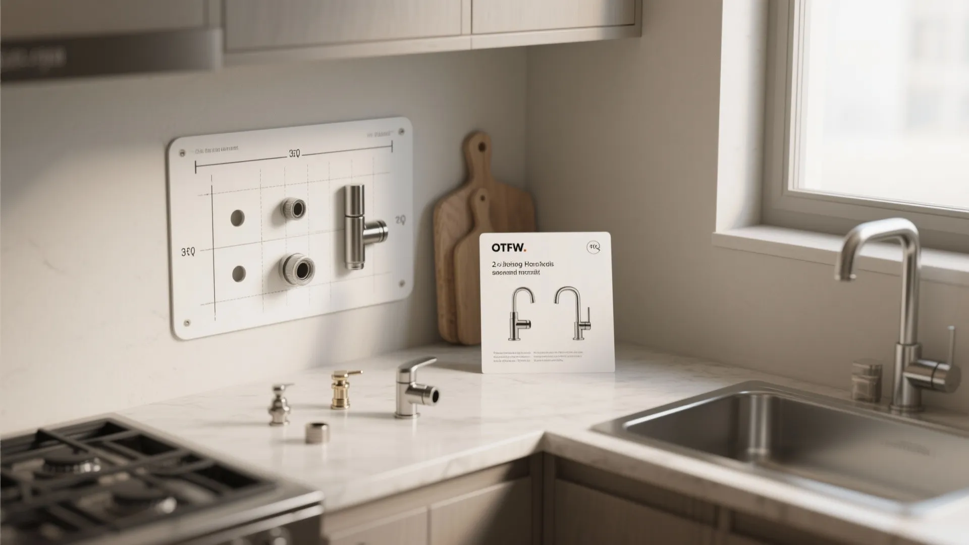 Kitchen counter with faucet parts displayed next to a wall mounted technical guide for plumbing installation