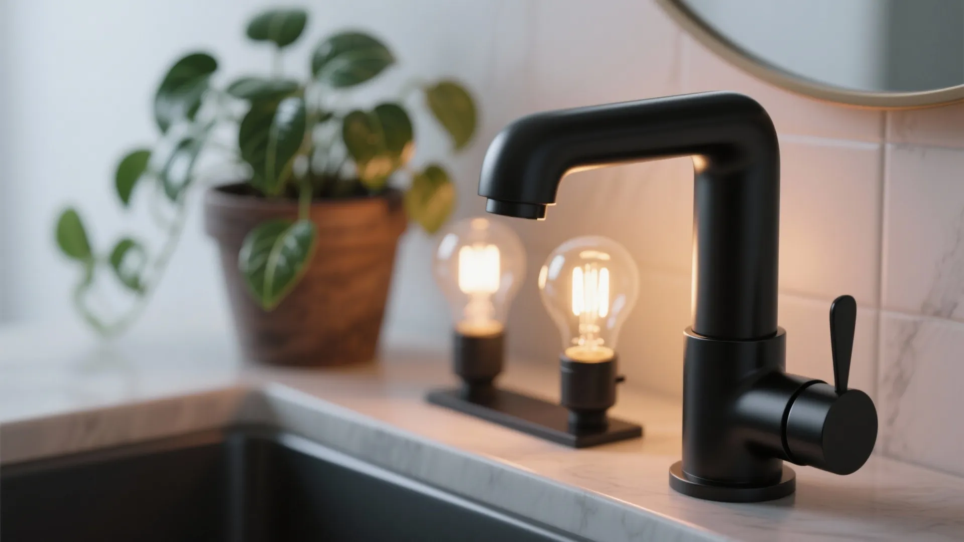 Close-up of a matte black faucet and a pothos plant with warm lighting