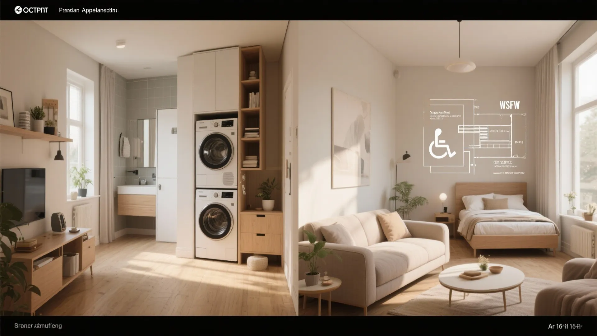 Interior design drawing showing a small studio with laundry area sofa bed and bathroom layout