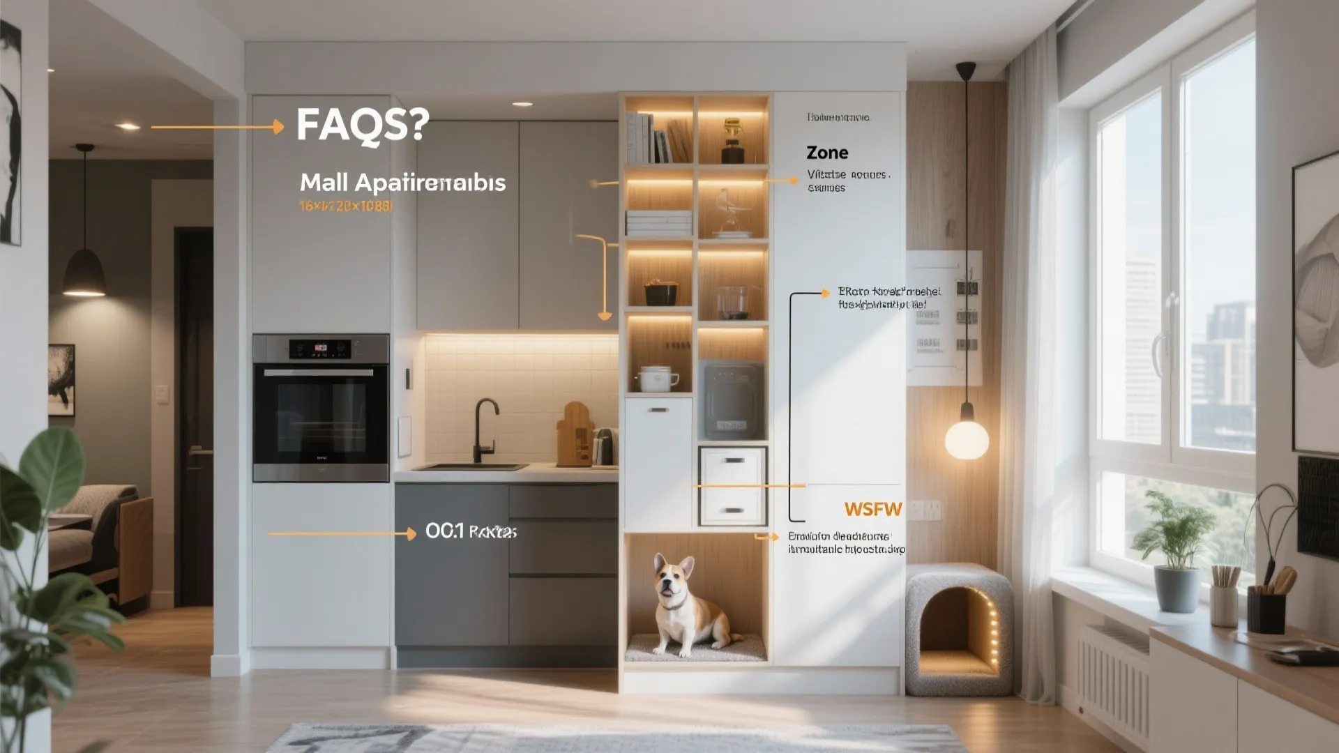 Information graphic showing a kitchen layout with storage zones, built-in oven, and a pet bed