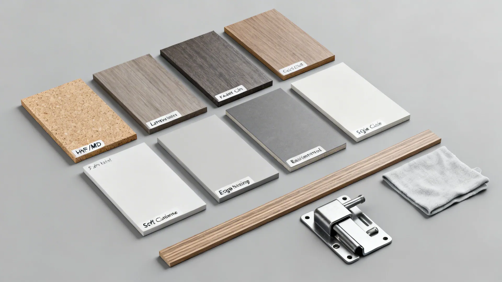 Flat lay of fiberboard cores, laminate and paint samples, edge-banding, hinge, and cleaning cloth.