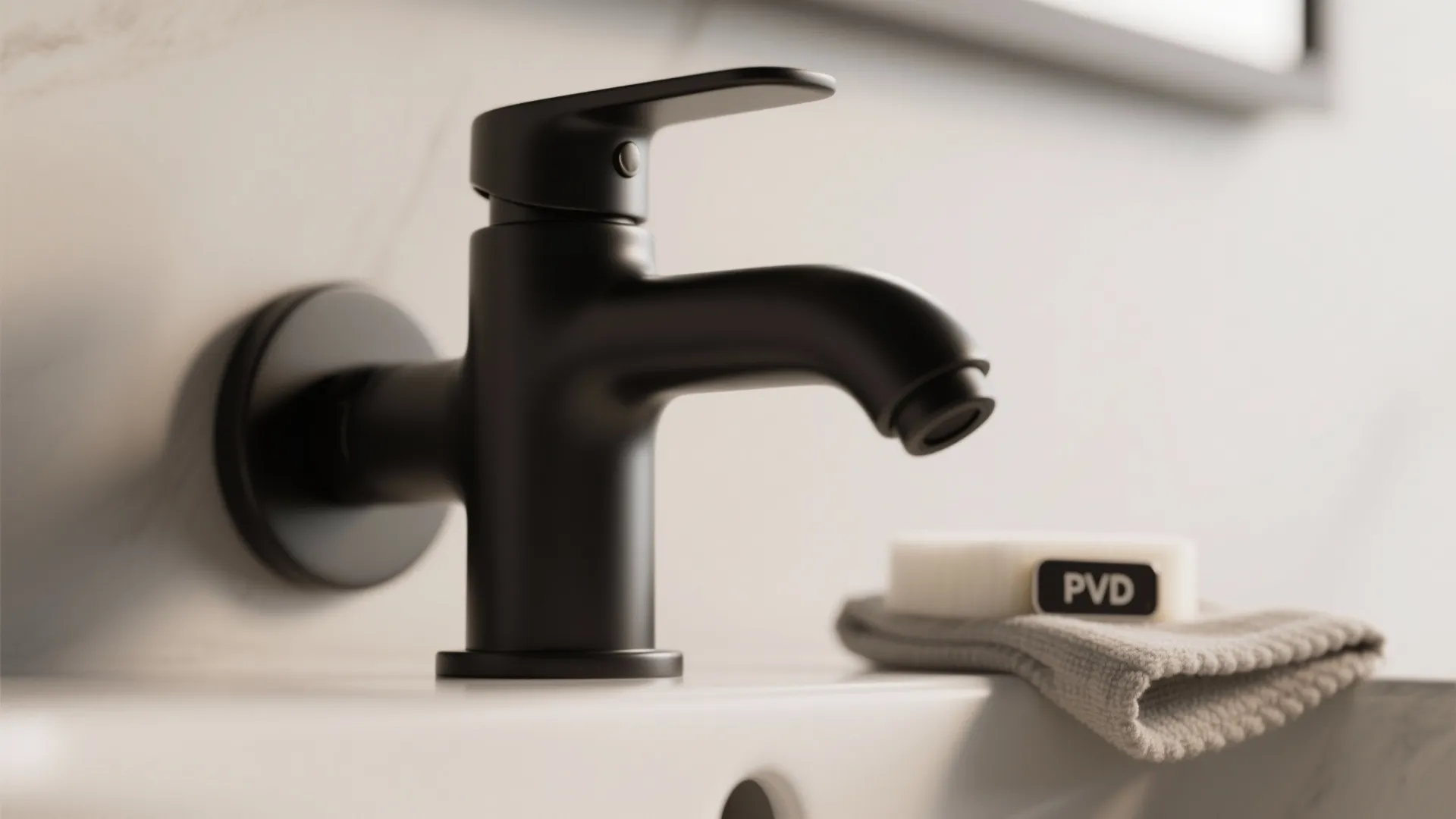 Matte black bathroom faucet mounted on white sink with cleaning cloth and soap bar nearby