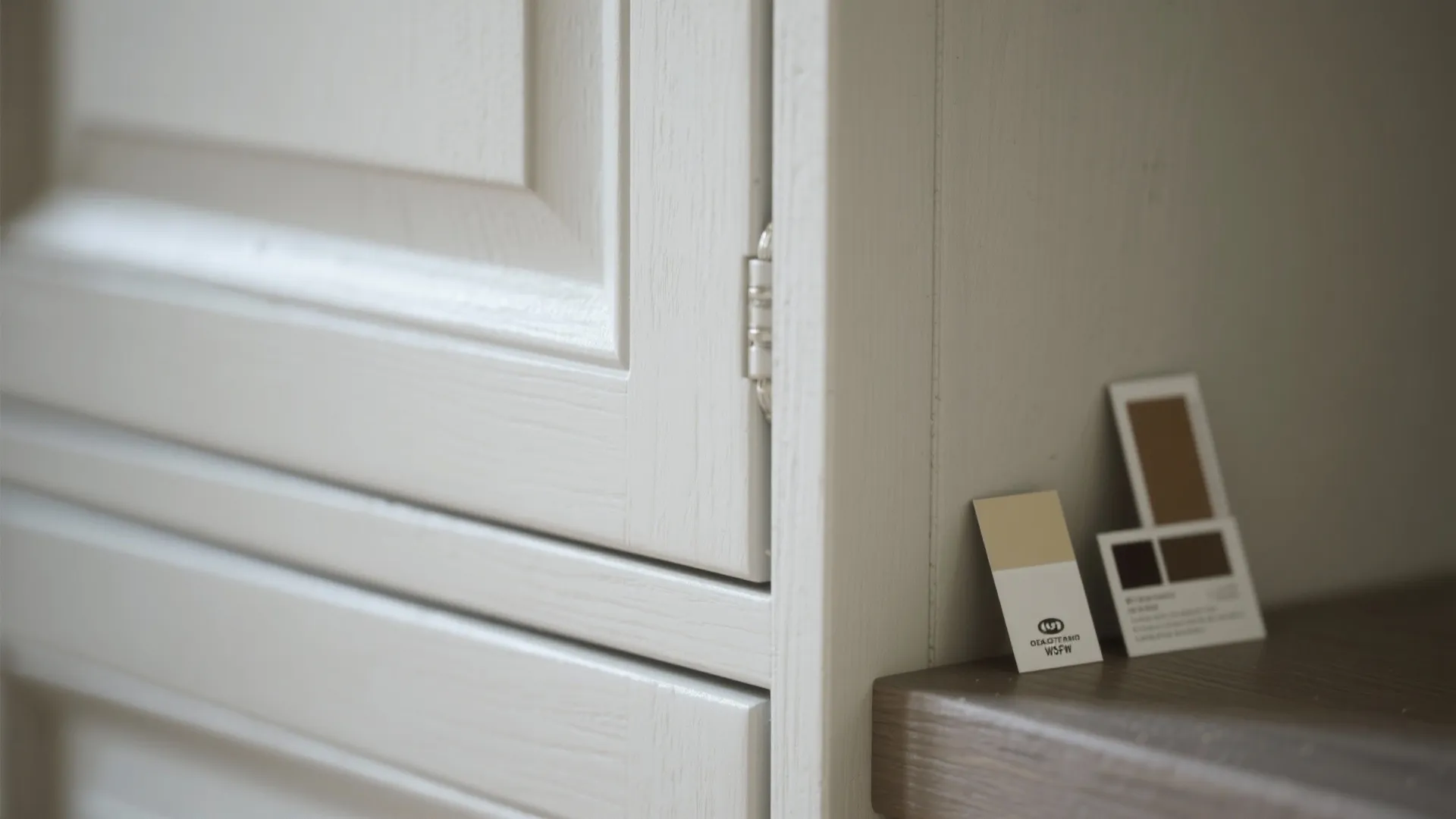 Close-up of painted shaker cabinet edge showing durable finish and swatch cards