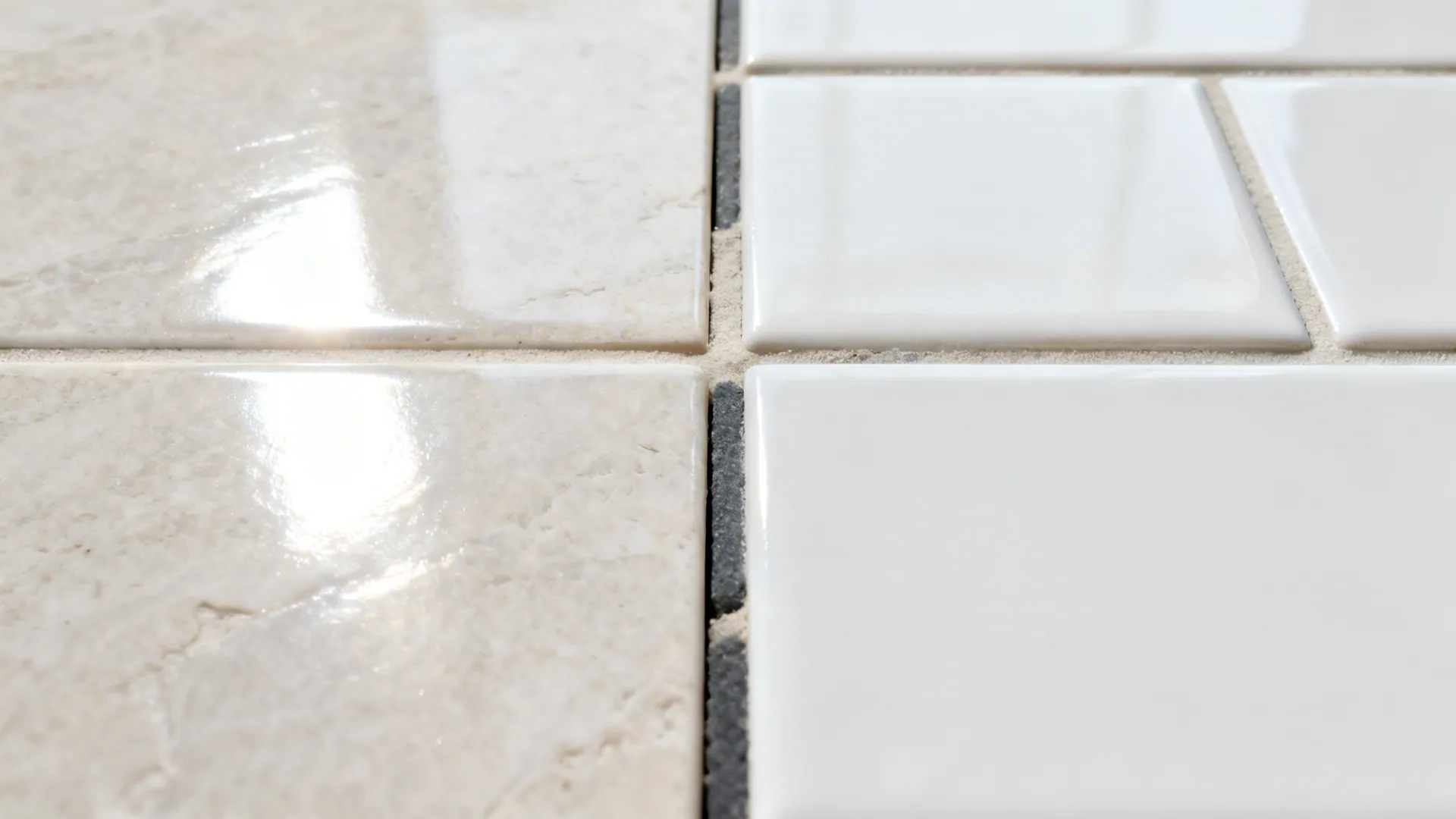 Macro side-by-side of glossy stone-look and matte subway tiles with light and dark grout samples.