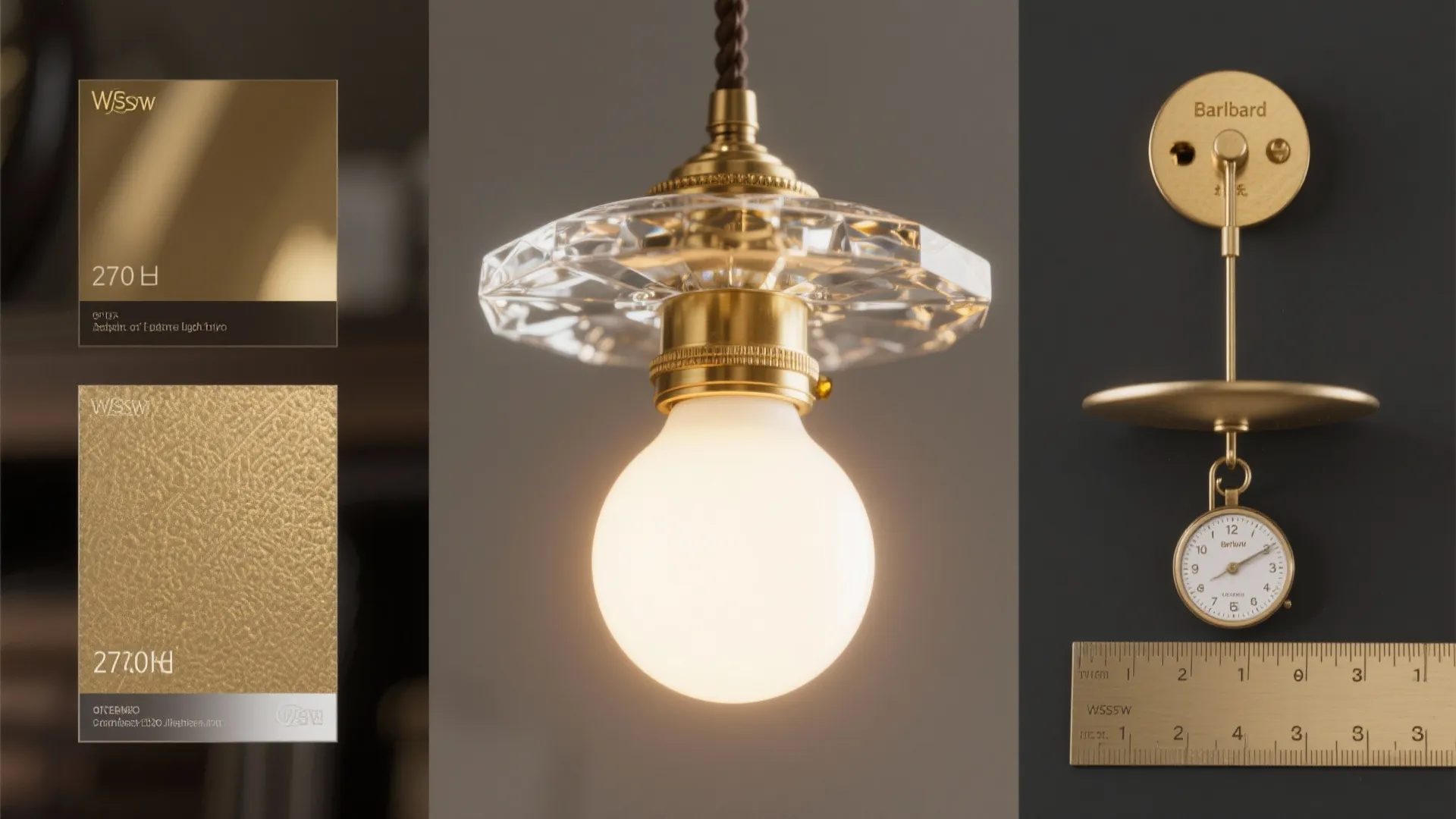 Collage of brass finish, crystal detail, and warm bulb sample illustrating Ballard lighting characteristics.