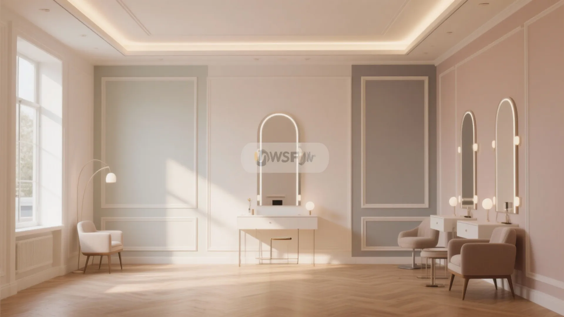 Makeup room featuring white vanity desk, arched lighted mirrors, soft wall panels, and wood flooring