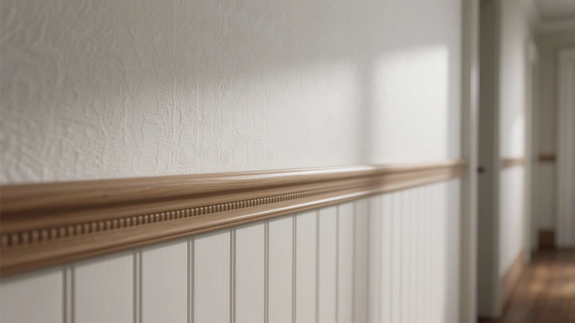 Close up view of white wall panel with wooden trim showing detailed texture and vertical lines