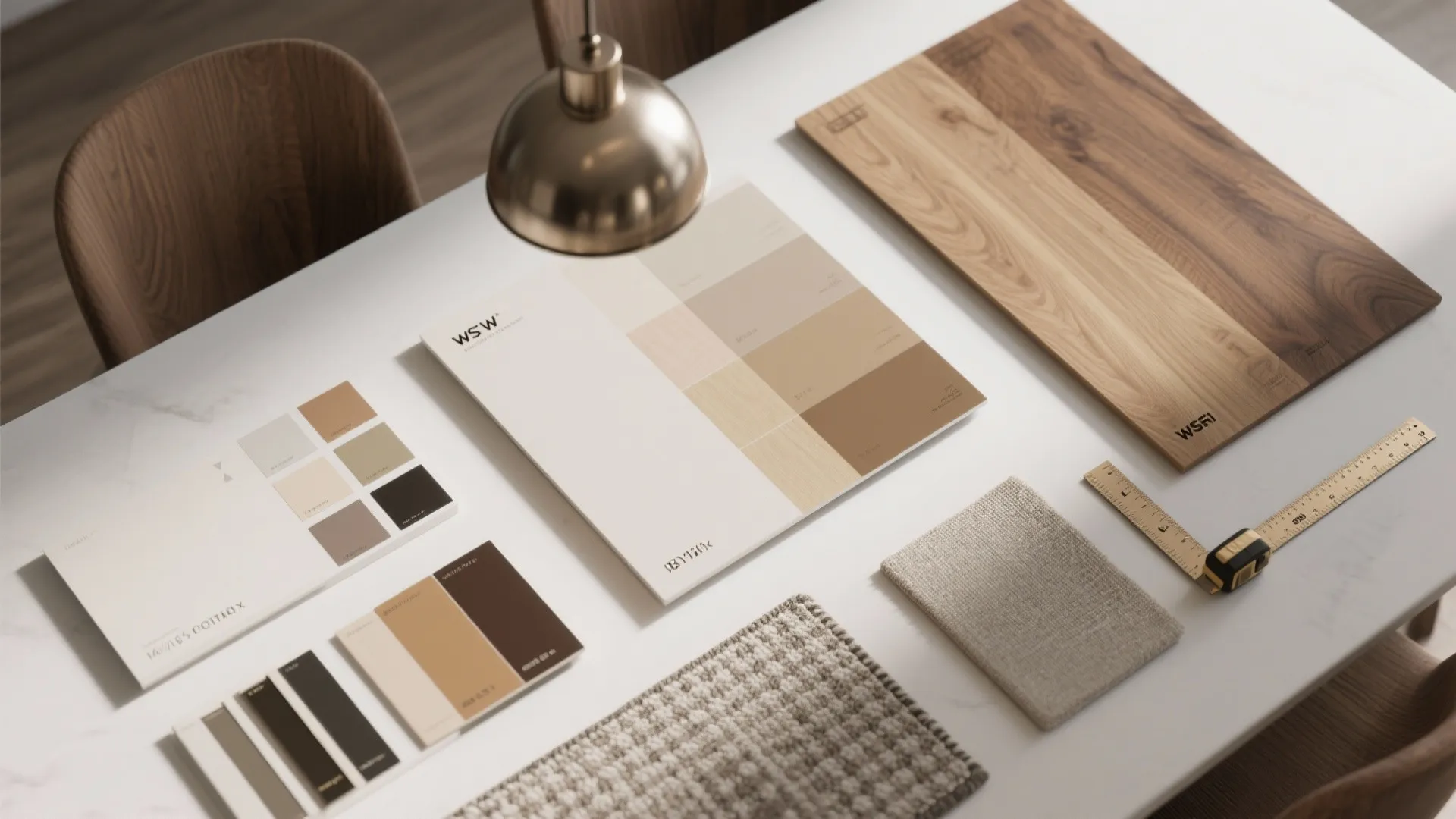 Flatlay of finish samples, rug swatch, paint chips and measuring tape for planning a 14 x 16 dining room.