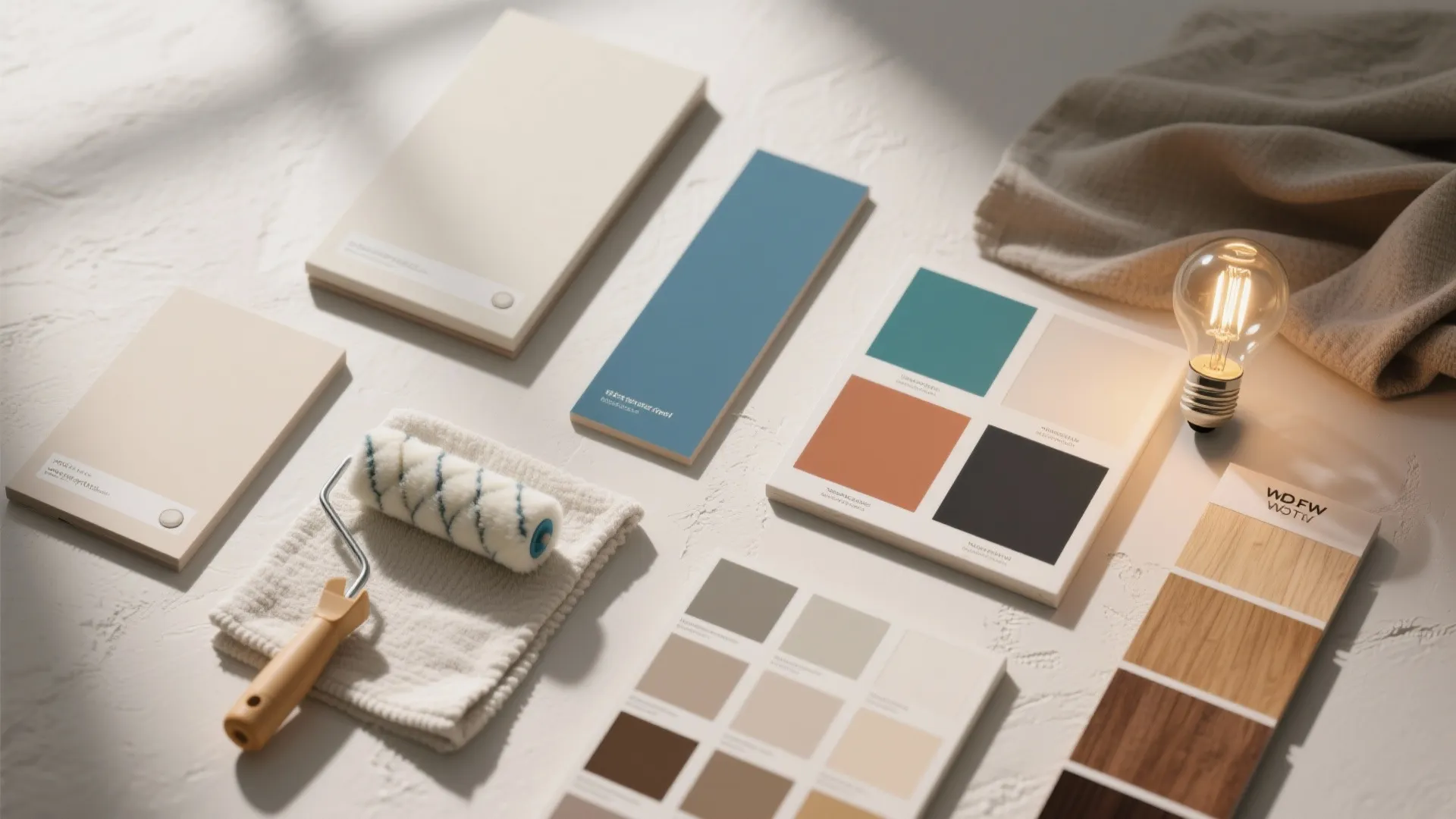Top-down flat lay of matte and eggshell boards, paint rollers, LED bulb, and color chips with wood and fabric swatches.
