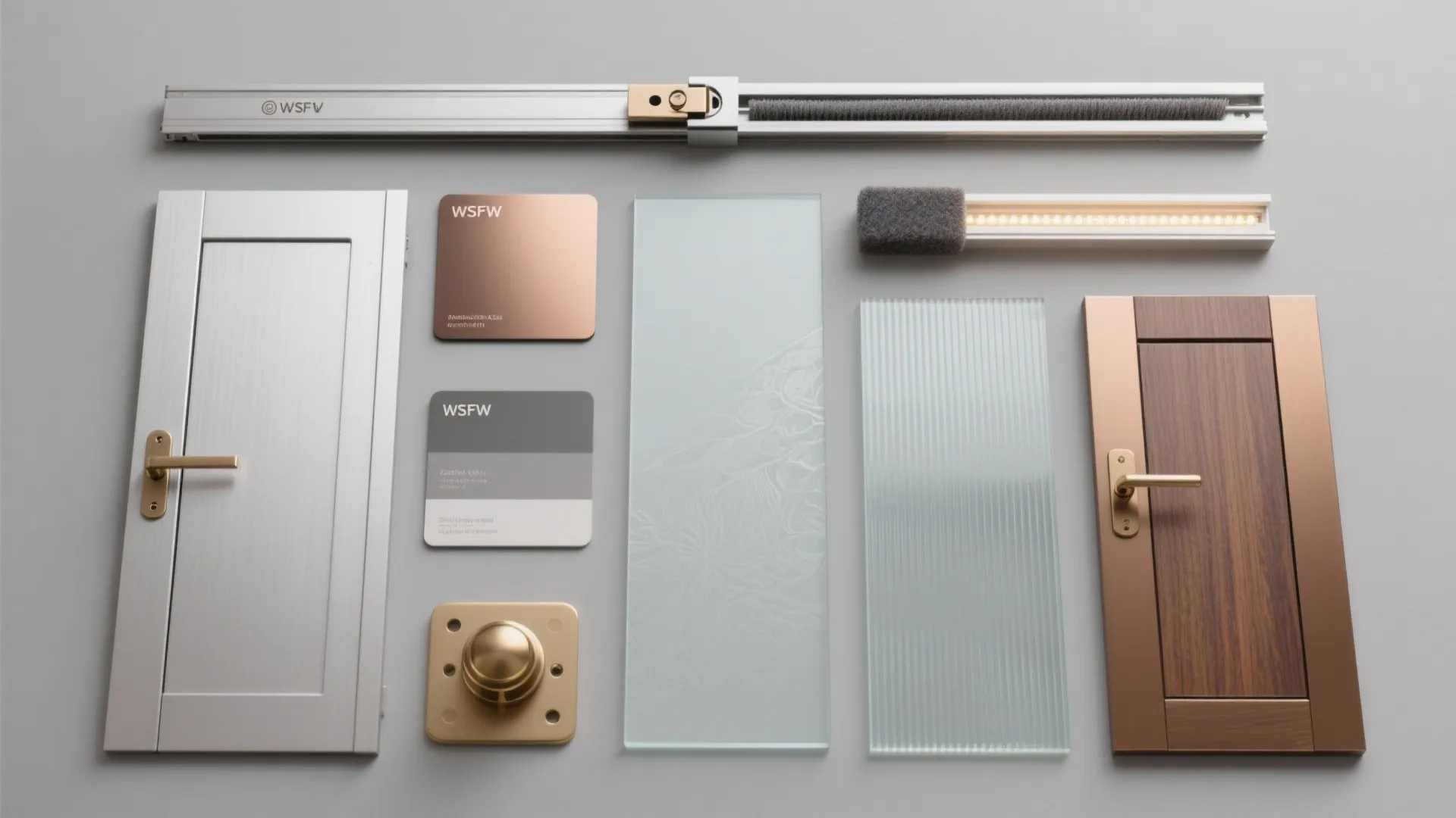 Collection of interior design materials including door samples glass panels metal tracks and color swatches