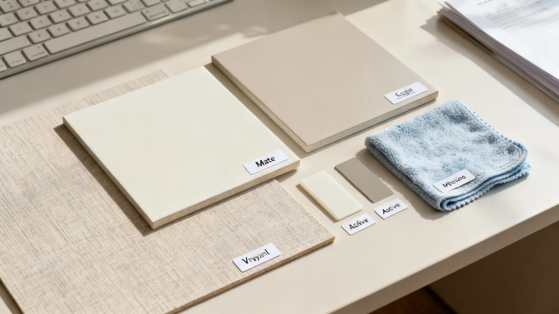 Flatlay of wallpaper finish samples, moisture-resistant bases, adhesives, and a microfiber cloth.