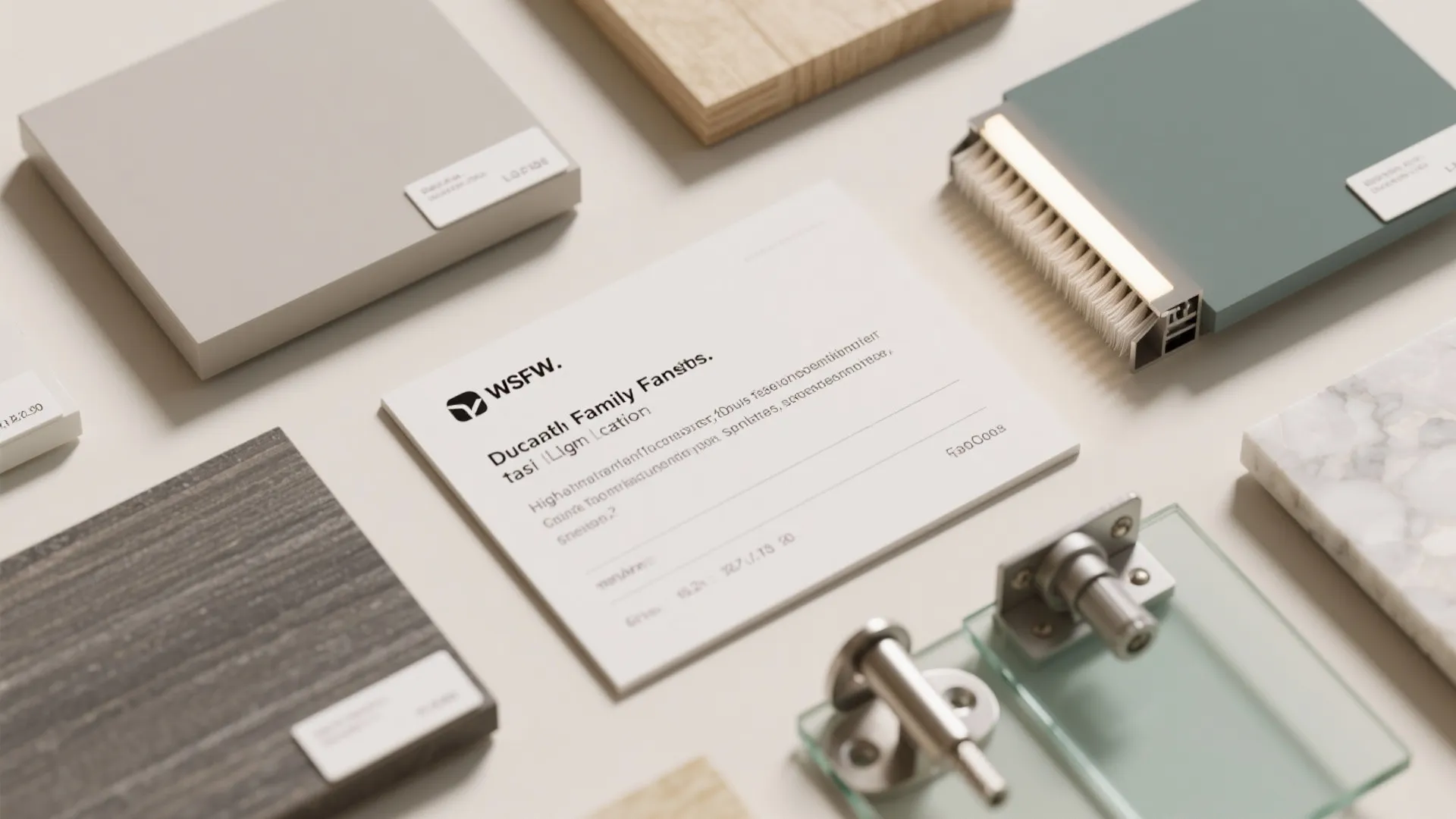 Interior design materials including wood samples marble tiles glass pieces and a metal light fixture