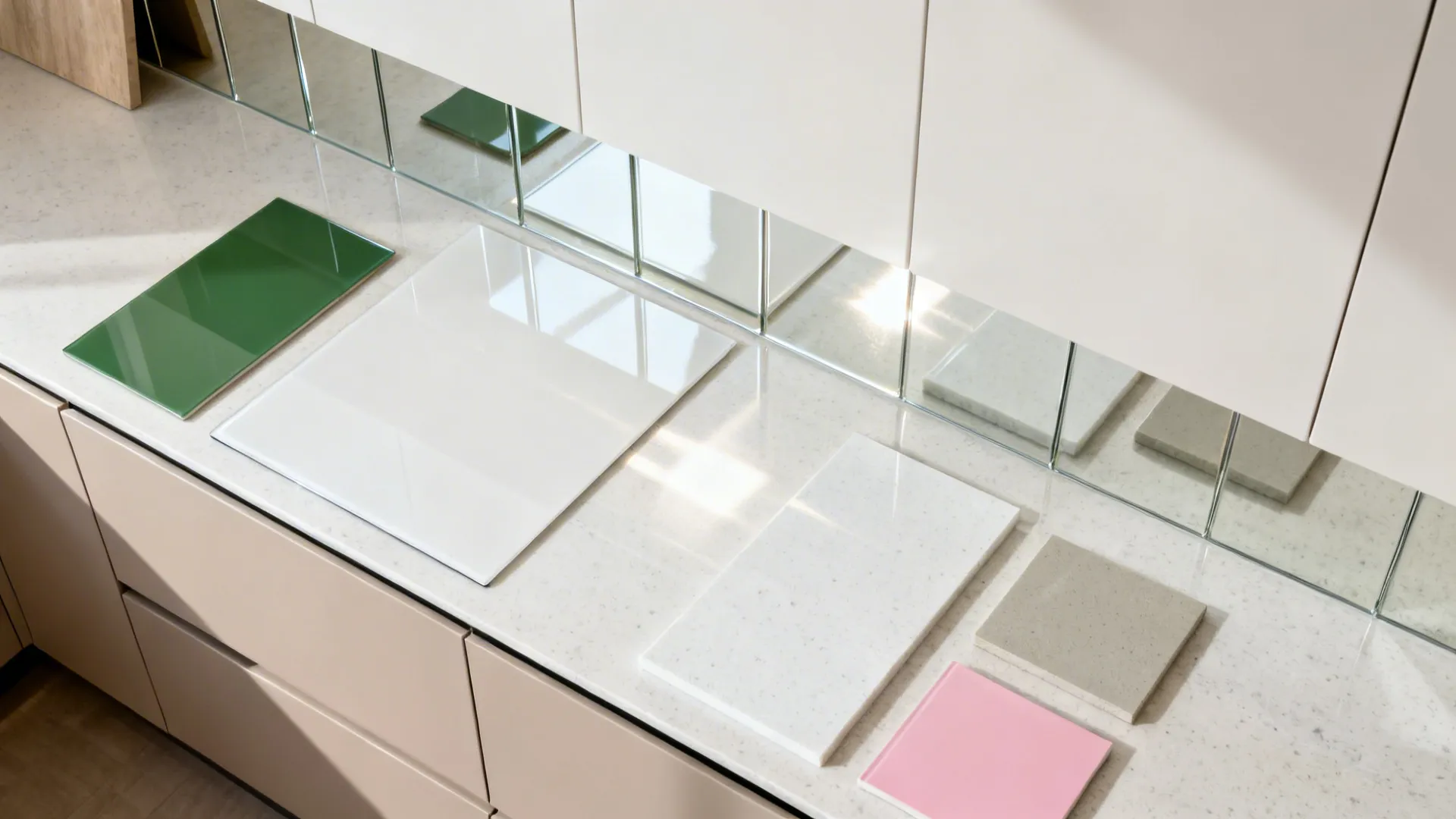 Top-down comparison of kitchen finishes and undertones with reflective backsplash samples.