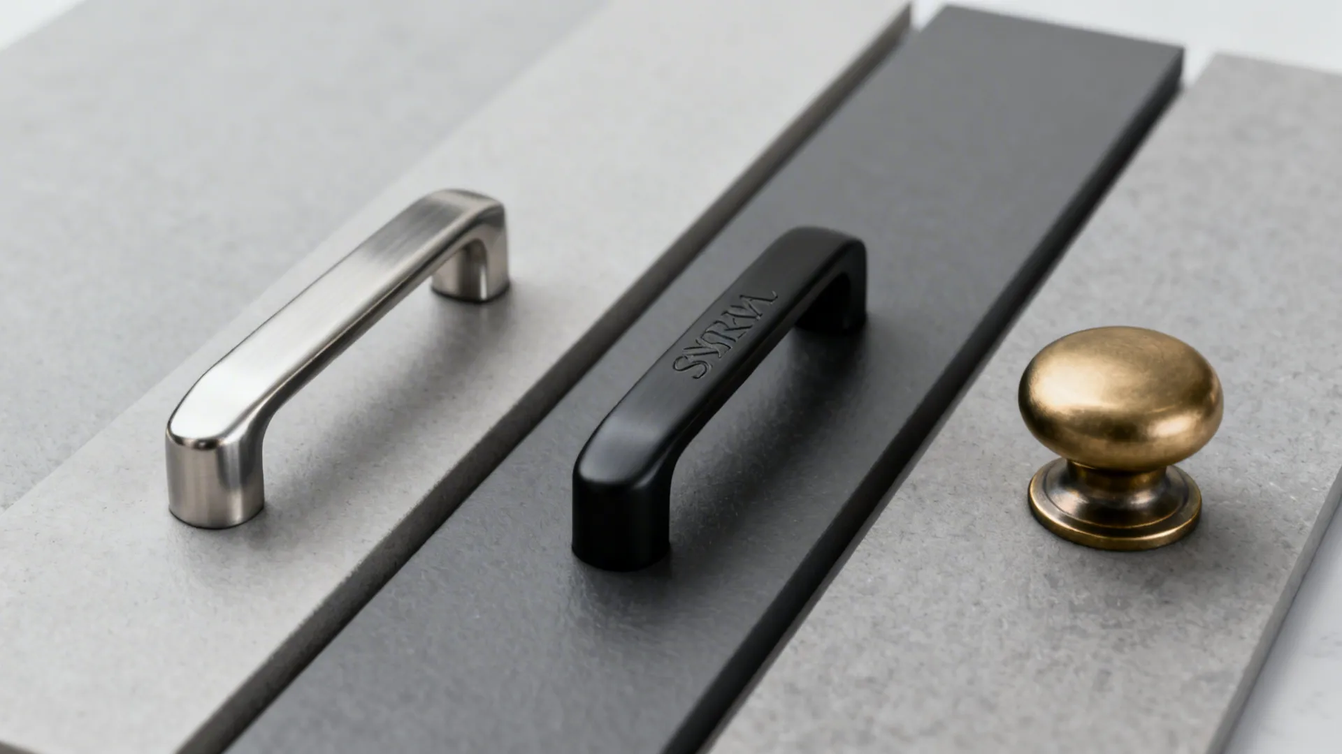 Macro comparison of stainless, matte black, and brushed brass hardware finishes.