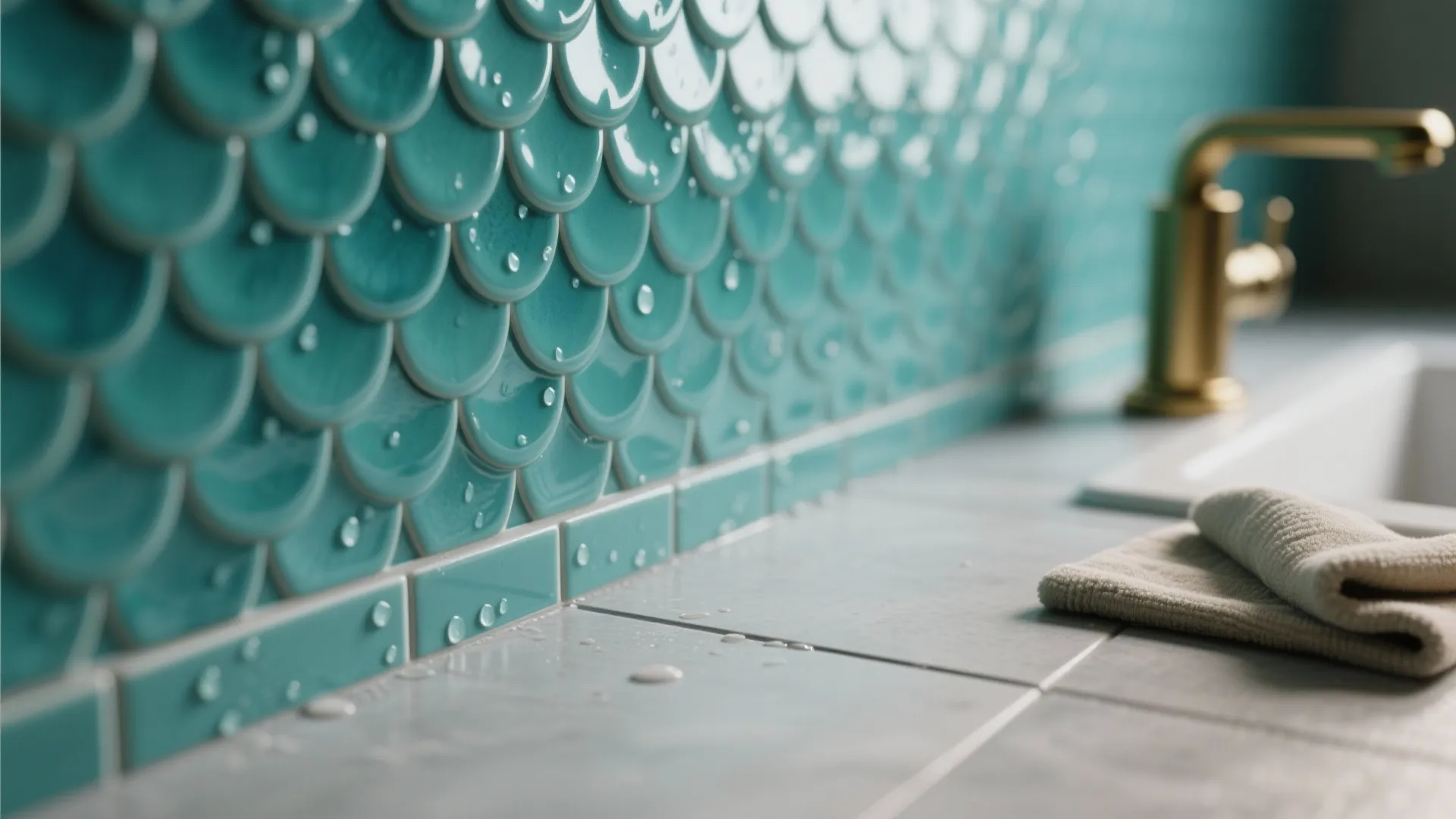 Close up of blue fish scale wall tiles with water drops near gold sink faucet handle