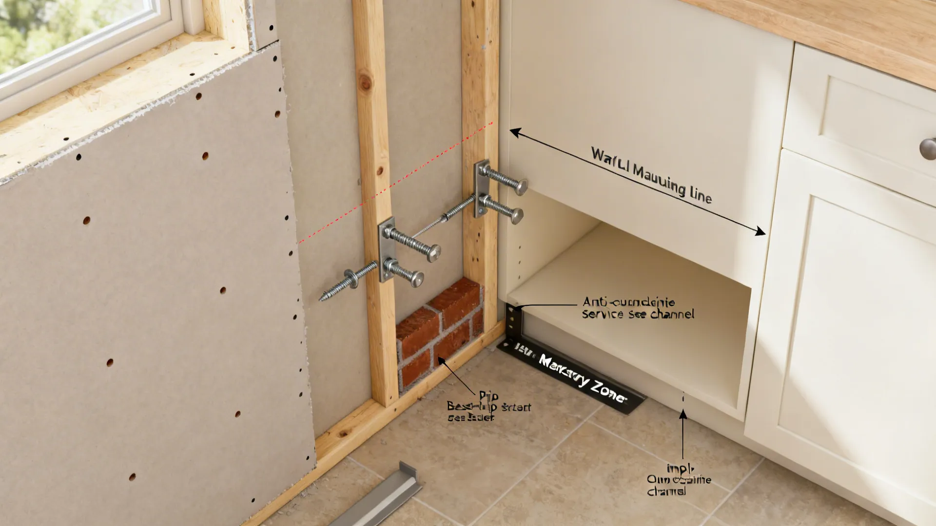 Top-down vignette of stud-confirmed wall fixings, sleeve anchors, and a simple service channel plan.