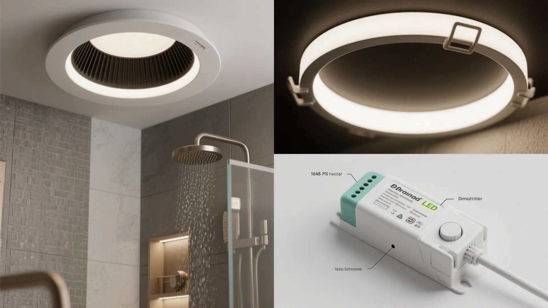 Collage showing bathroom ceiling light fixture, shower head, and LED power driver with various labels