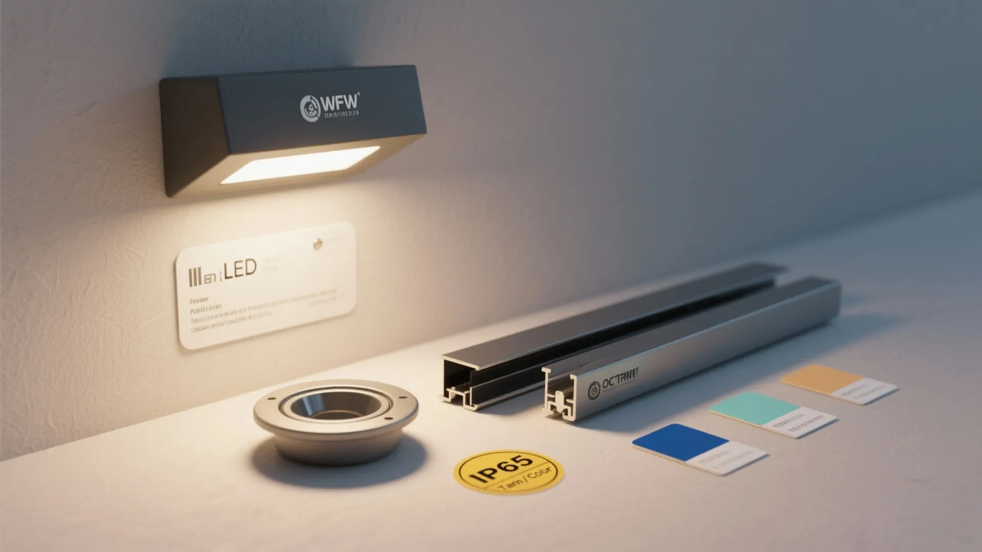 Close-up of outdoor LED fixture samples with IP rating tags and color temperature chips to explain weatherproofing and color choices.
