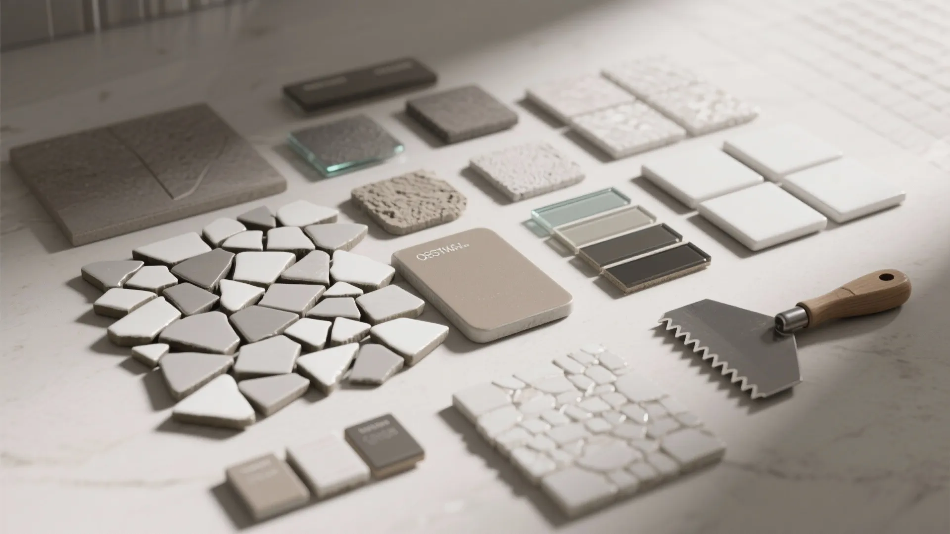 Flatlay of mosaic tile chips, hex samples, and grout swatches for bathroom floors.