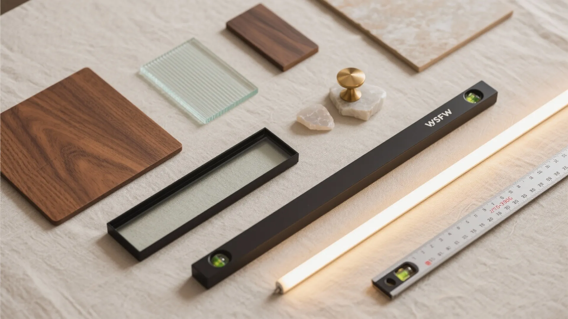 Interior design materials including wood samples glass pieces metal knob level tool and light strip