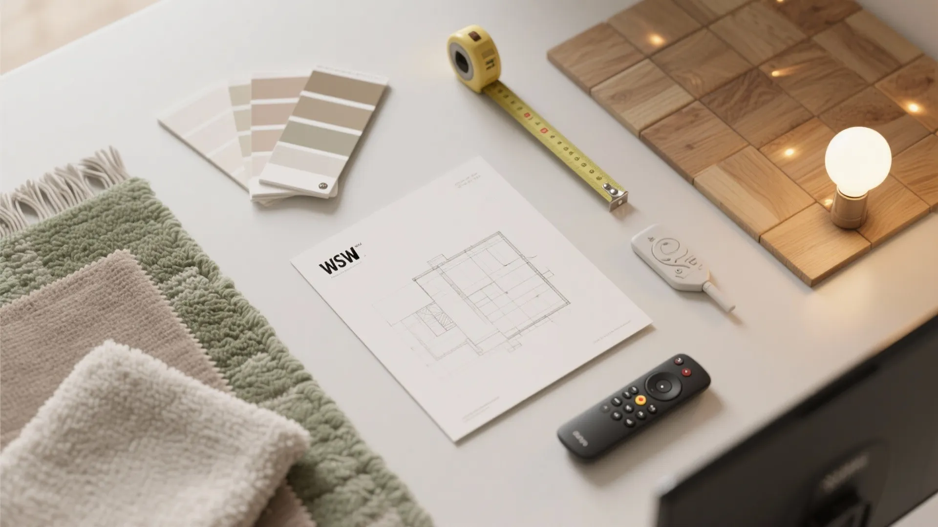 Table showing floor plan paper color samples measuring tape wood tiles remote control and fabric swatches