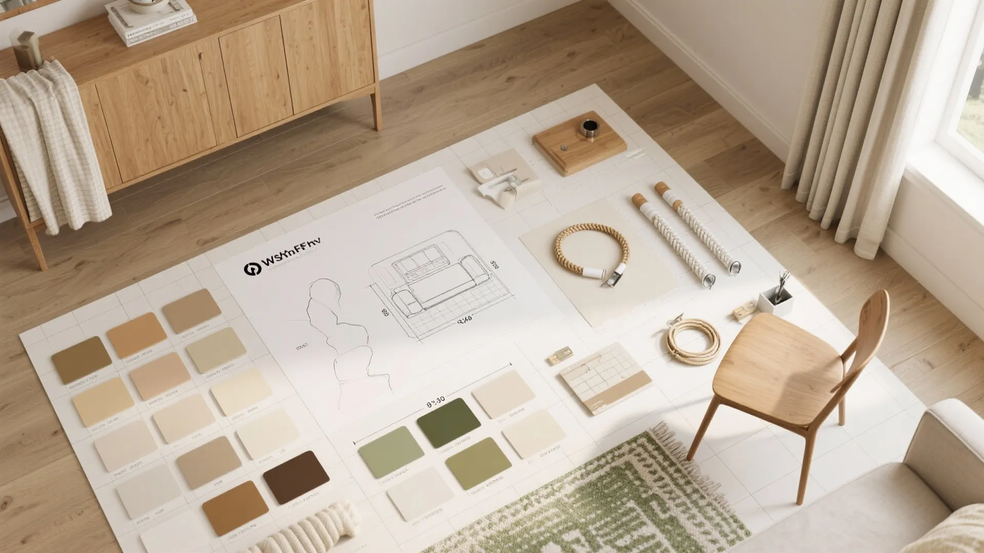 Interior design board on floor with color samples furniture drawing wooden chair and floor rug details