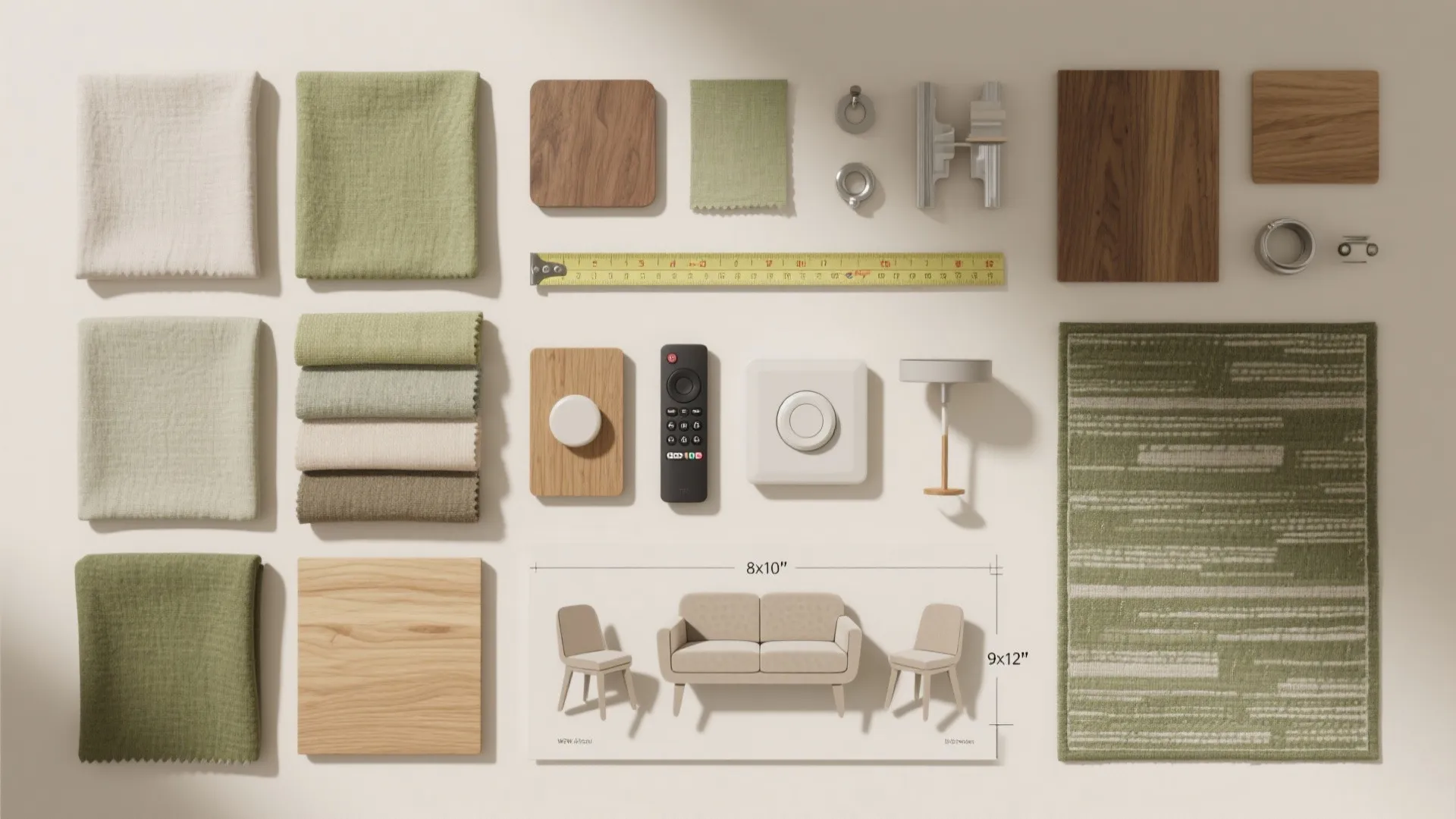 Interior design materials flat lay with green fabric swatches wood samples tape measure and furniture drawing