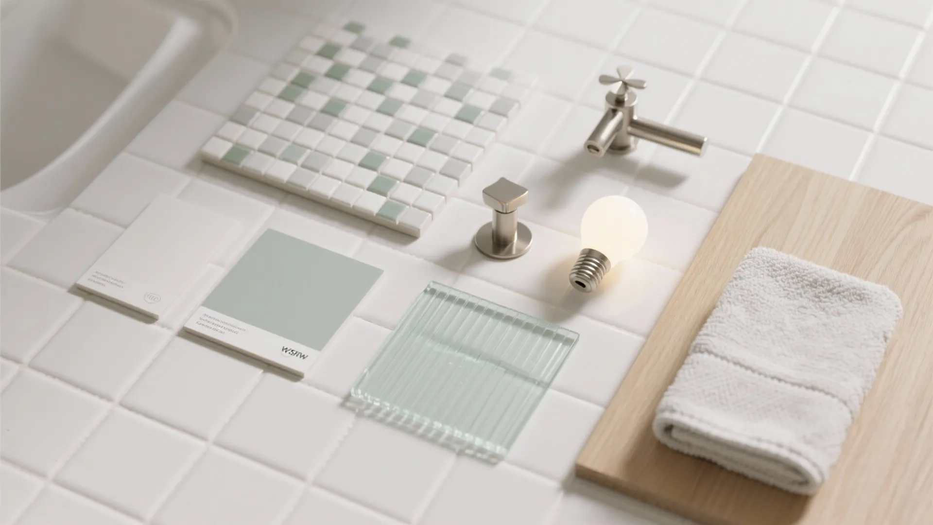 Mood board with green tiles color swatches light bulb wood panel and a white towel
