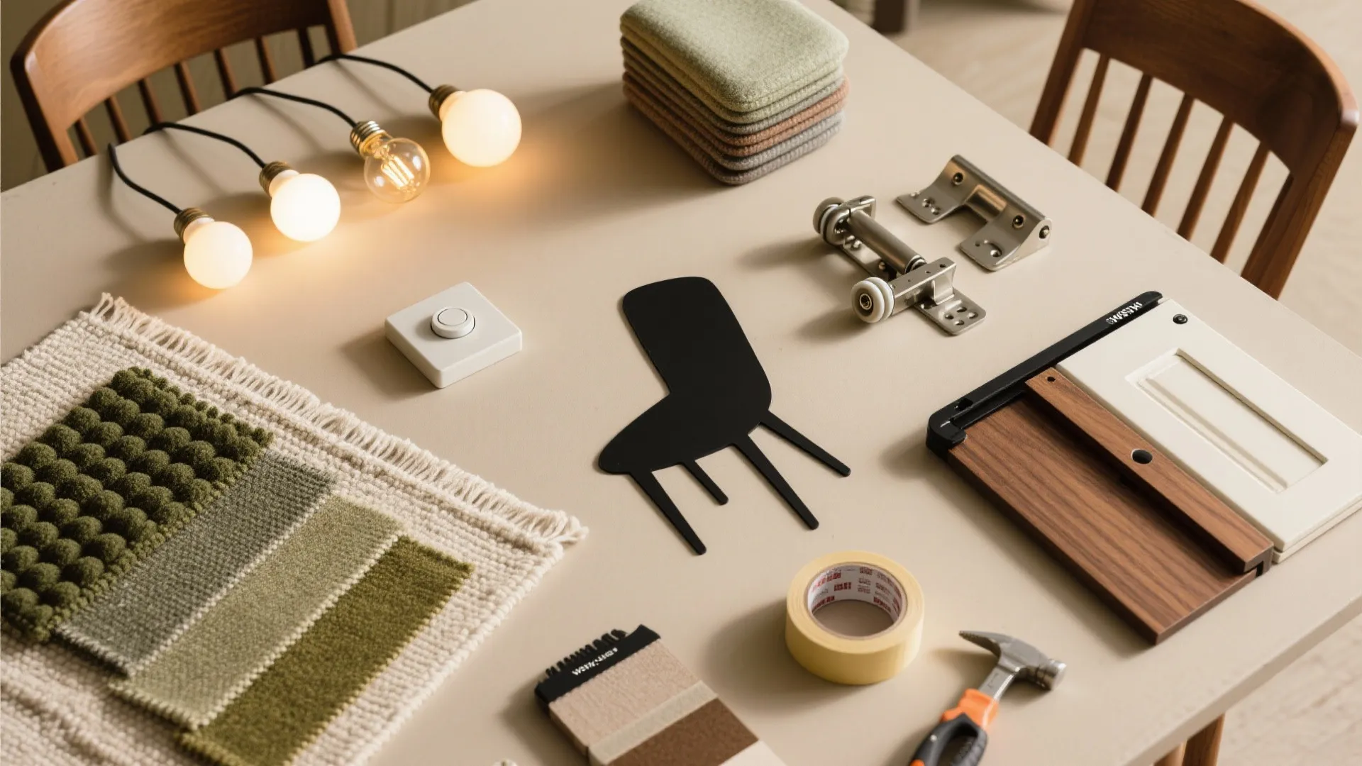 Interior design materials flat lay with light bulbs green fabric wood samples hammer and tape