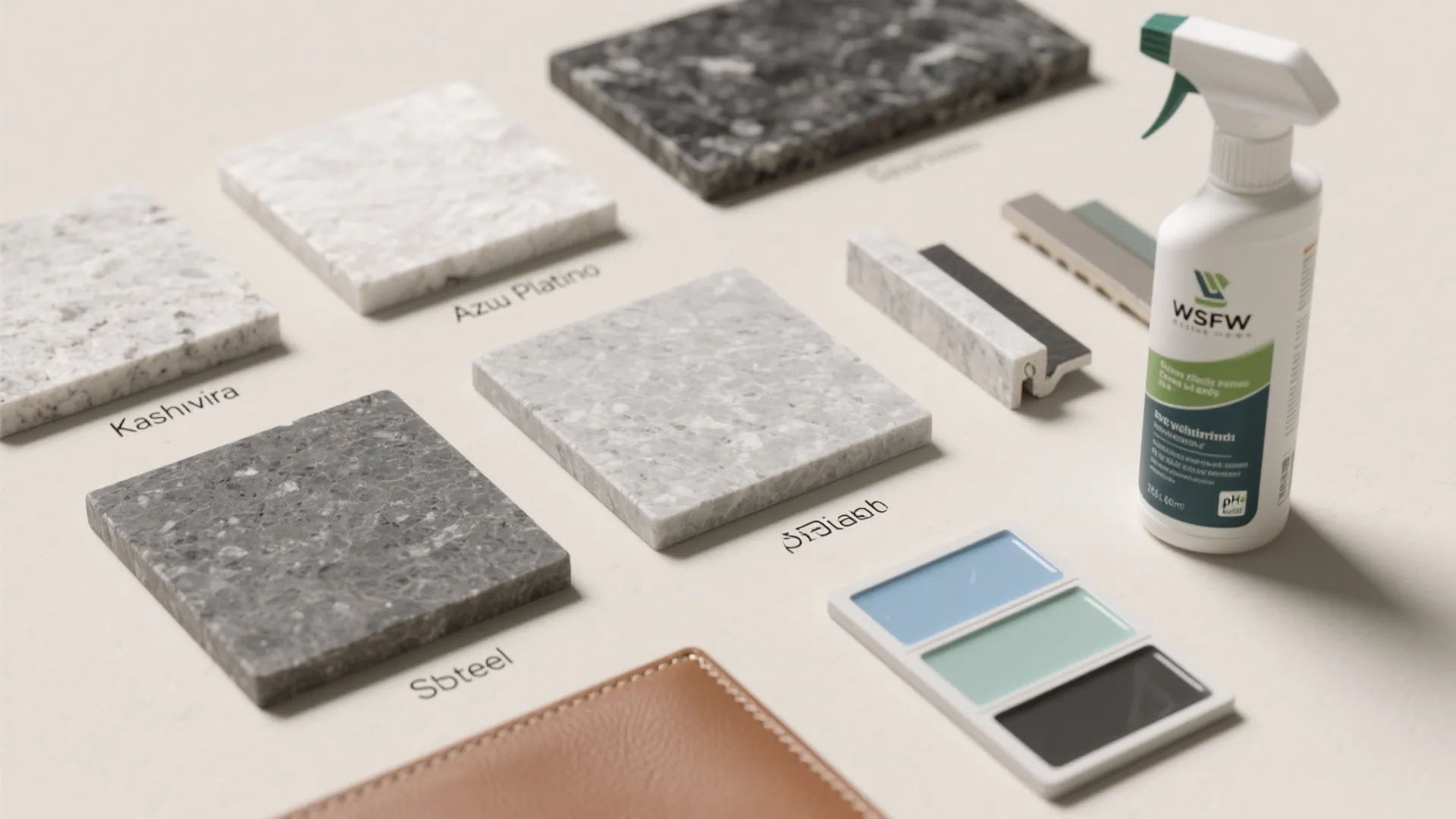 Square stone material samples with labels placed next to a cleaning spray and color palettes