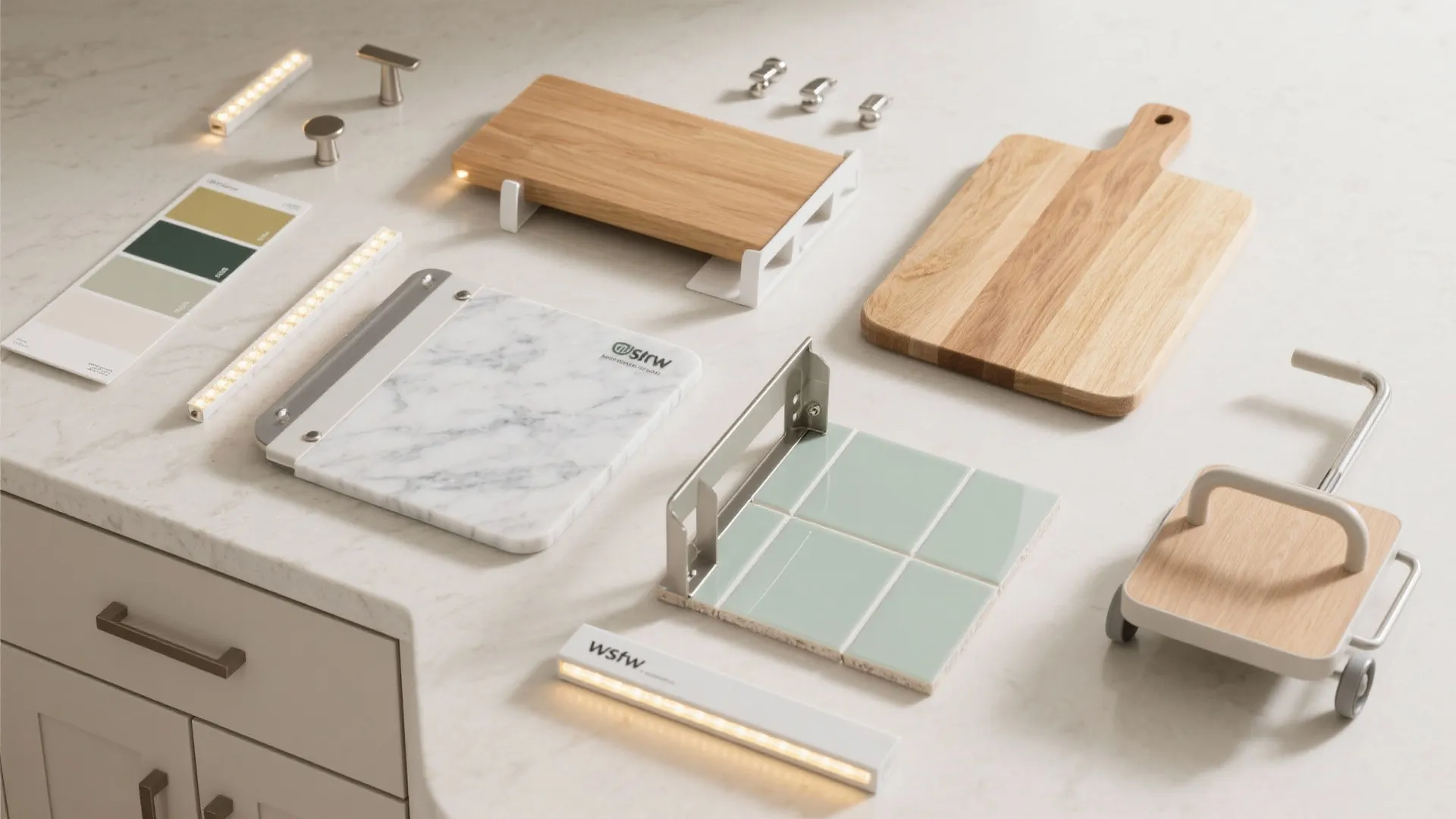 Flatlay of small-kitchen materials and tools: lighting, hardware, finishes, and space-saving accessories.